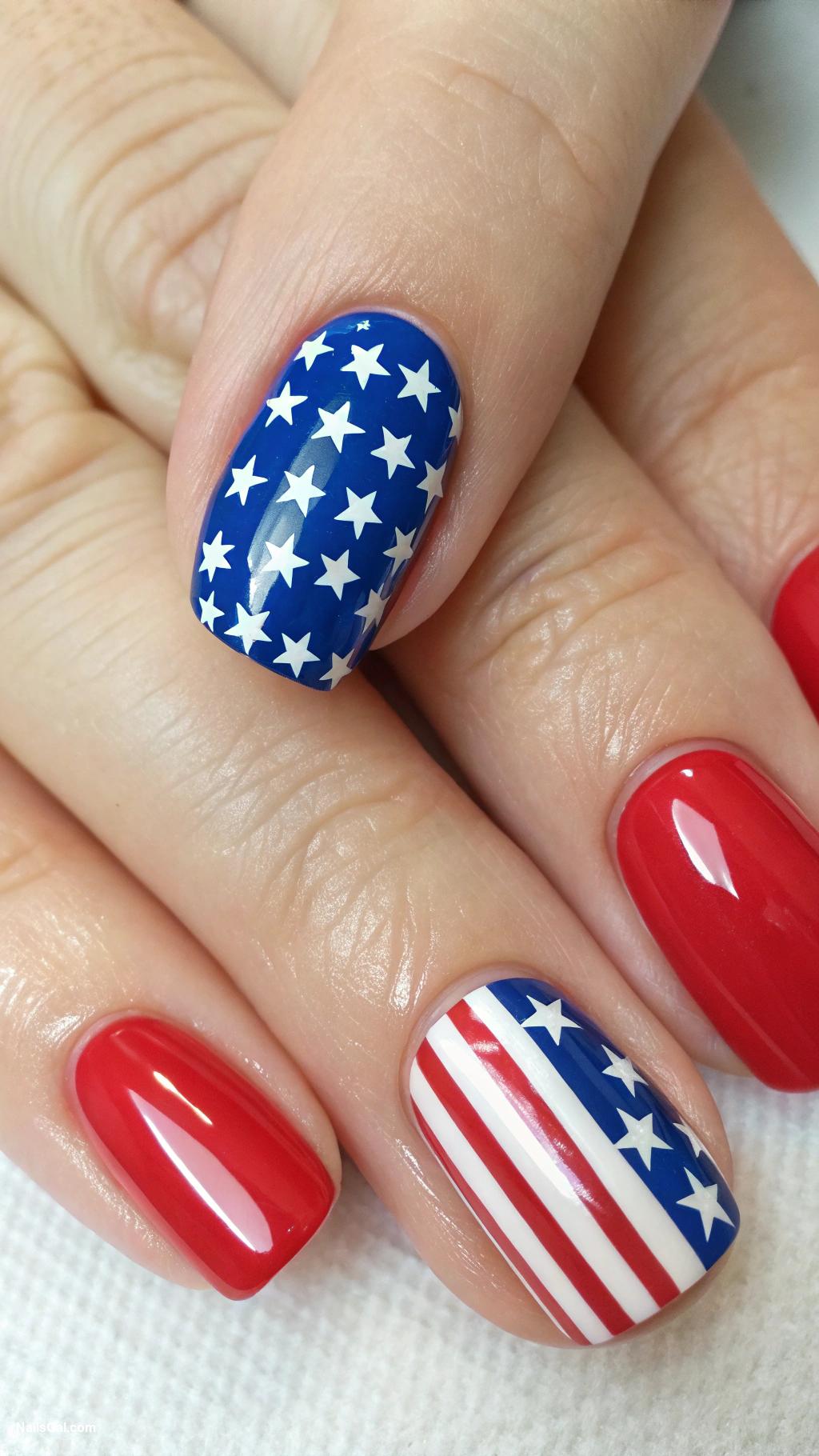 4th of July nails American Flag Accent Nail One accent nail painted like the American flag complemented by solid red and blue on the other nails