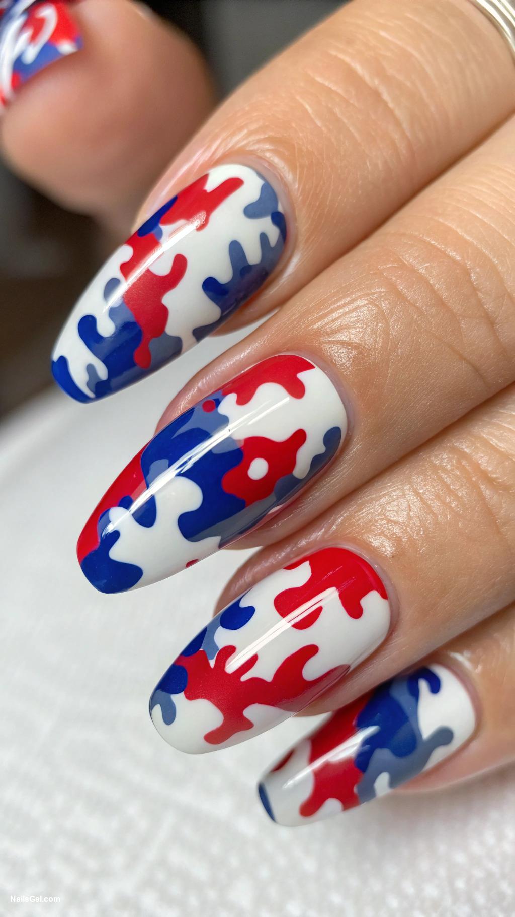 4th of July nails Camo Color A patriotic twist on camo with shades of red white and blue in a camouflage pattern