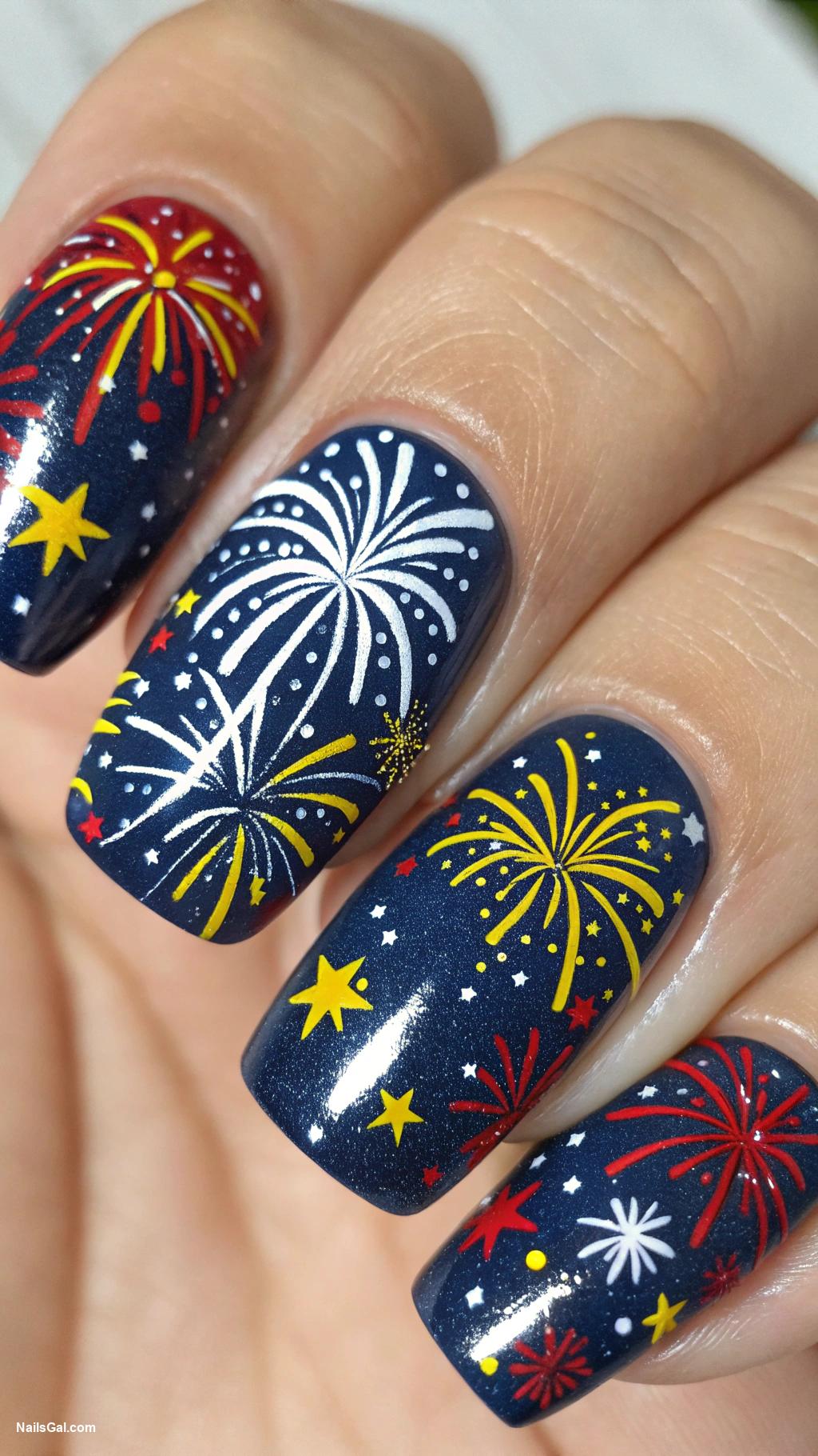 4th of July nails Firework Explosion Bright colors resembling fireworks bursting on a dark blue base