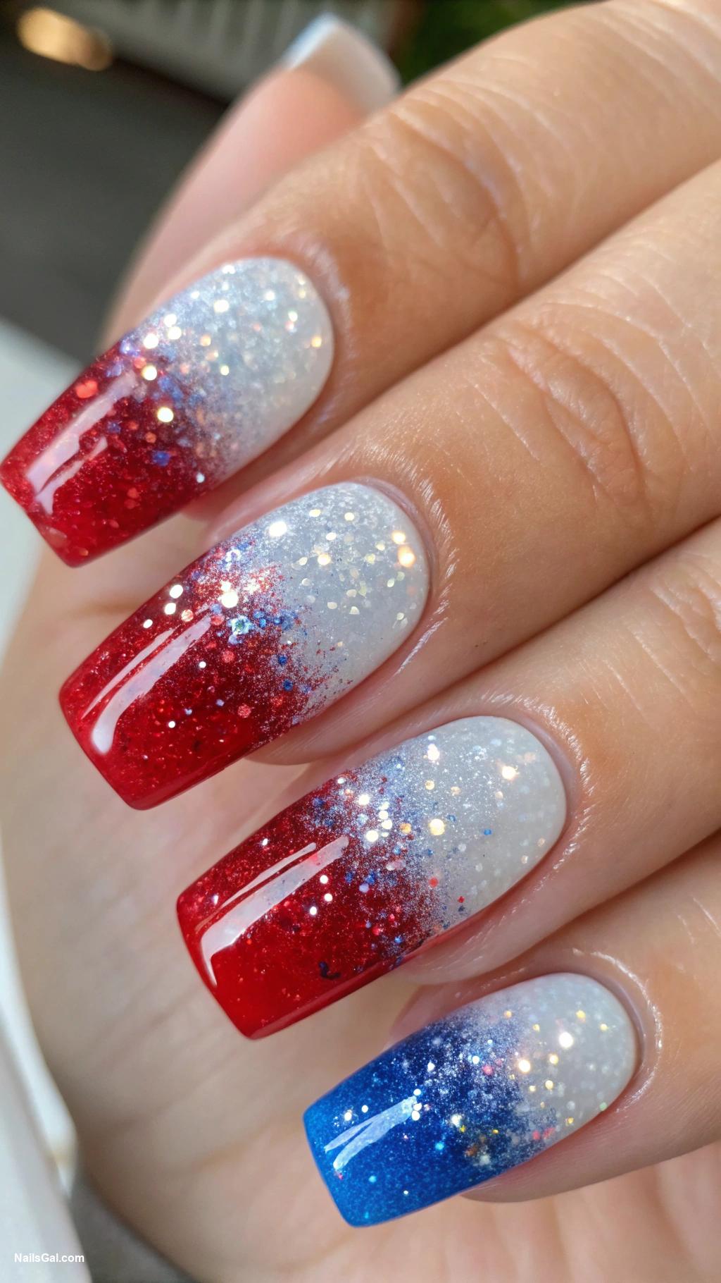 4th of July nails Glitter Gradient A gradient effect transitioning from red at the tips to white and finally blue topped off with holographic glitter