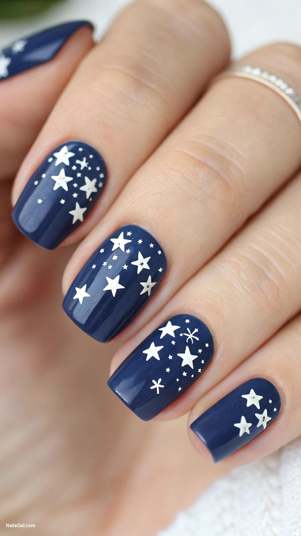 4th of July nails Nautical Stars A navy base with small white nautical stars scattered across the nails for a chic twist