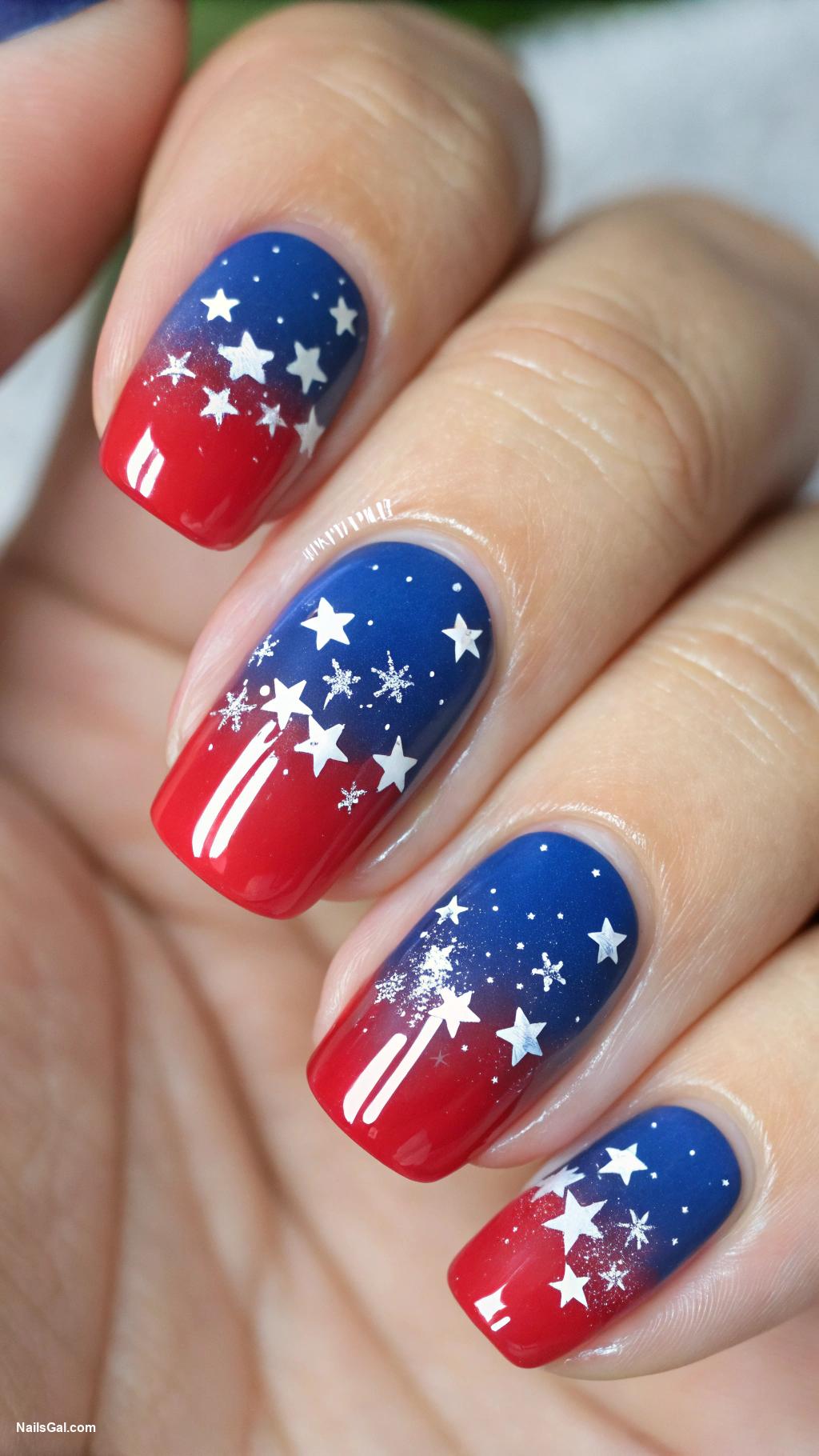 4th of July nails Ombre Stars An ombre effect from red to blue with tiny white star decals sprinkled throughout