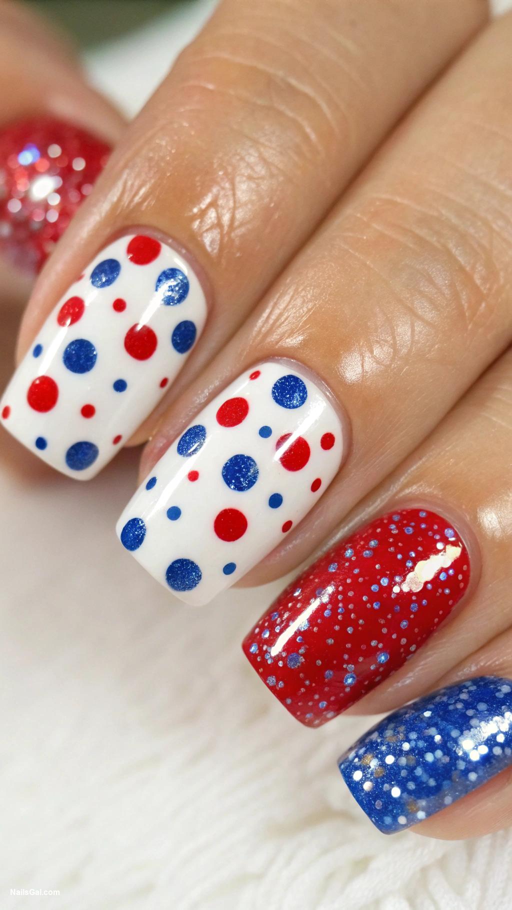 4th of July nails Patriotic Polka Dots Vibrant red and blue polka dots on a white background creating a playful and festive look