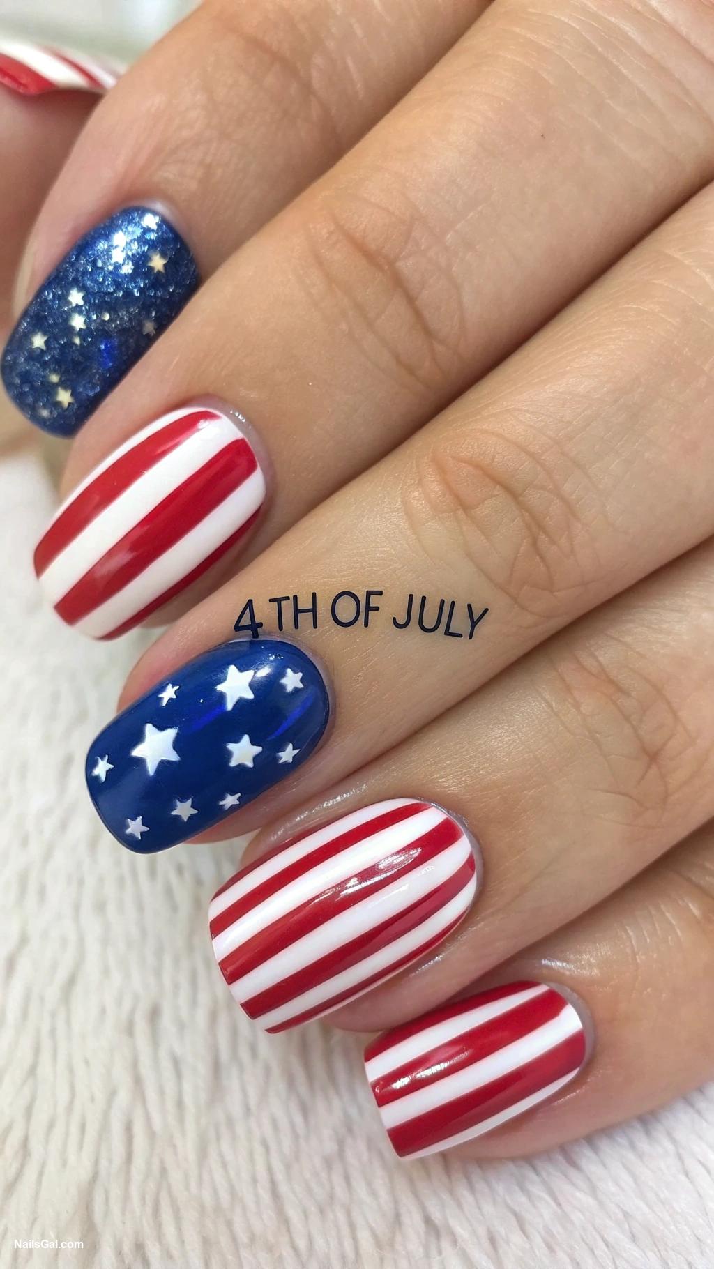 4th of July nails Stars and Stripes A classic design featuring red and white stripes on one hand and a blue background with white stars on the other
