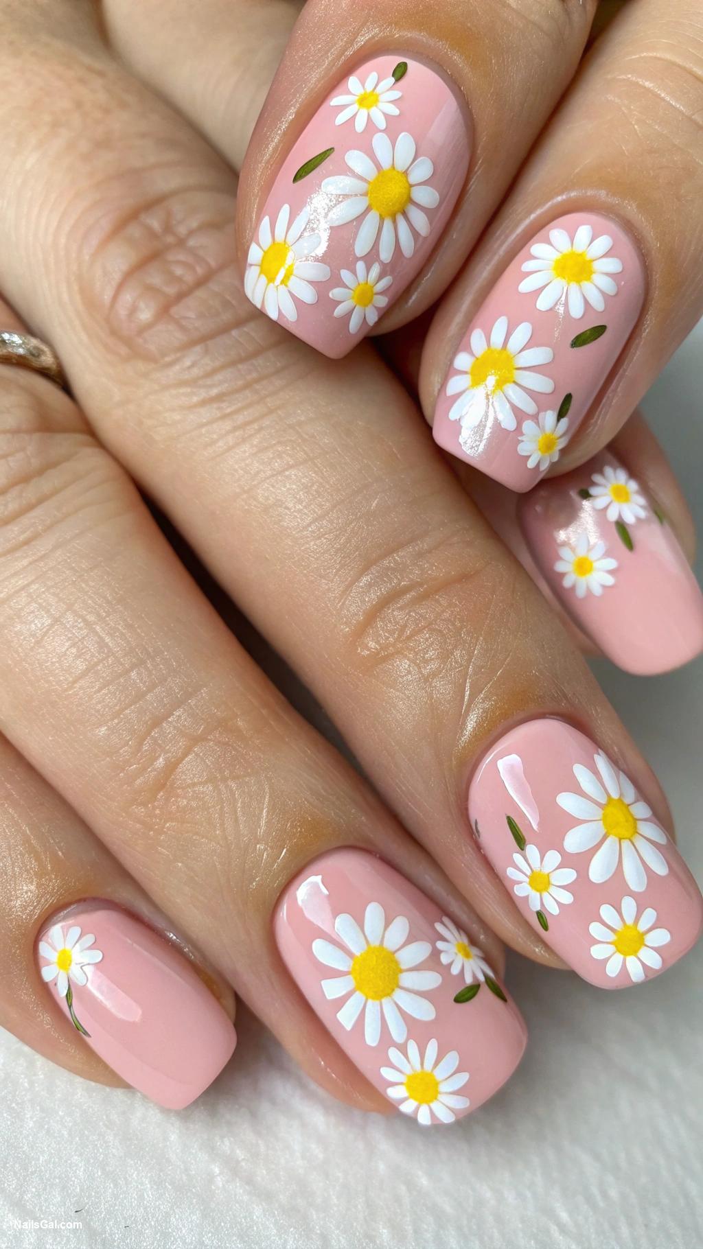 June nails Daisy Chain Paint small daisies on a pastel background for a cute and cheerful nail design