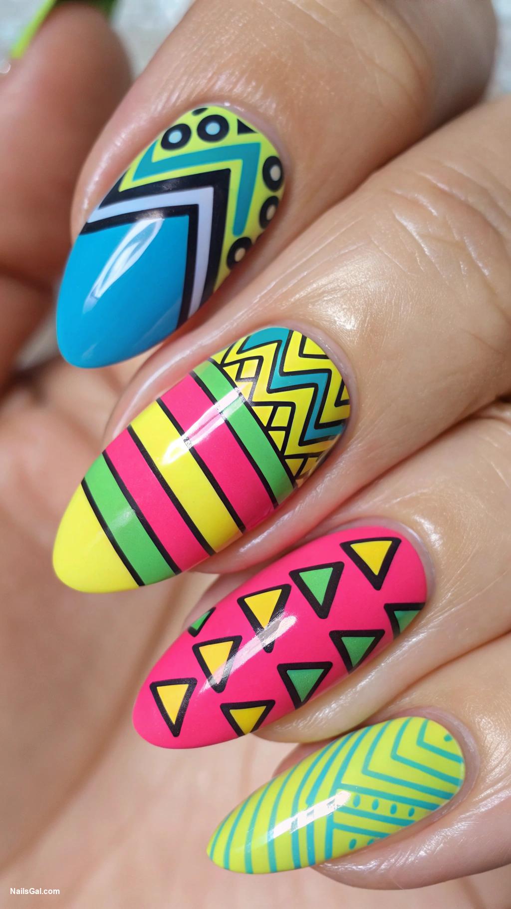 June nails Geometric Patterns Use bold colors and shapes for a modern edgy look thats perfect for summer