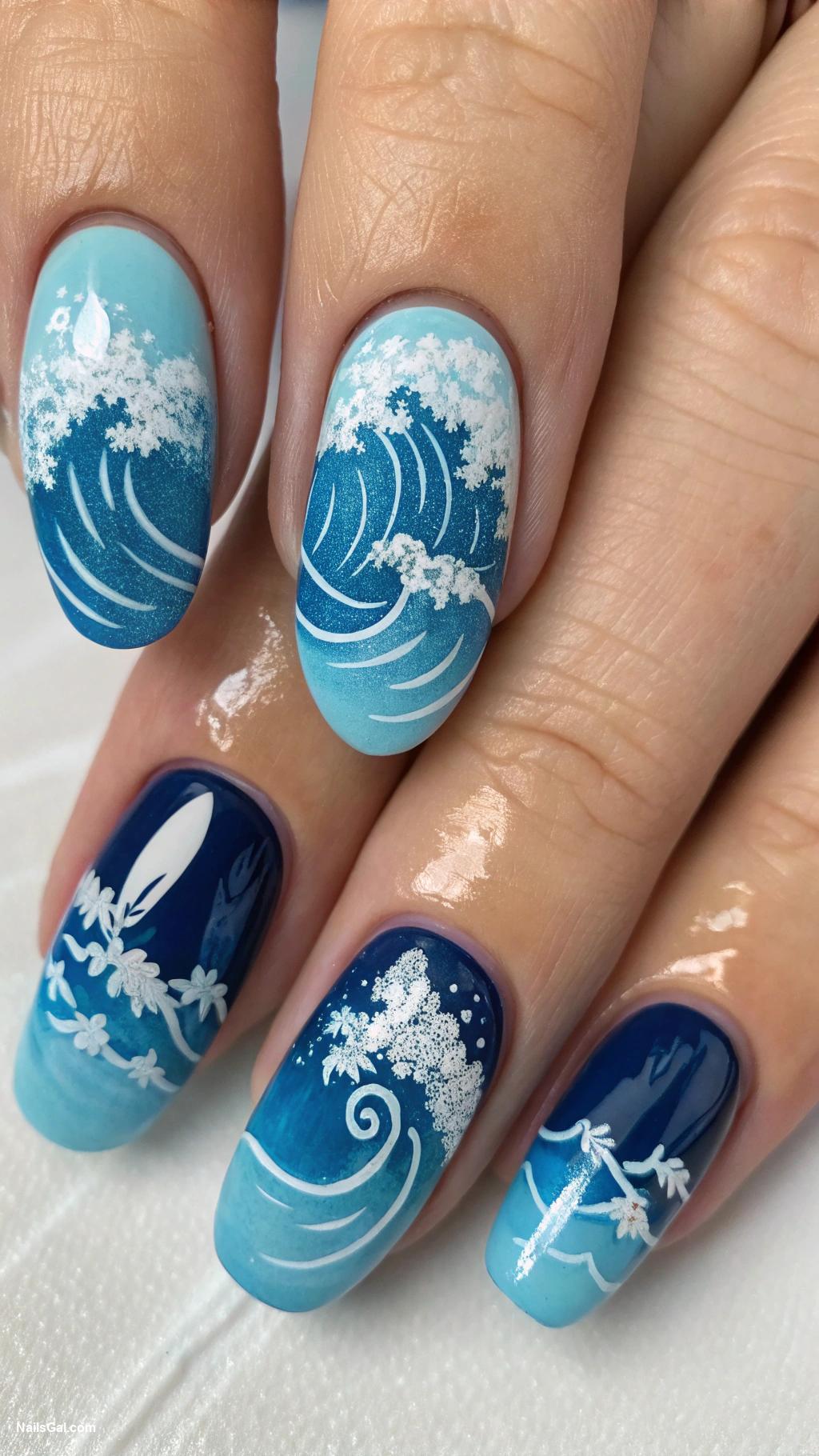 June nails Ocean Waves Use shades of blue and white to create a wave pattern perfect for beach lovers