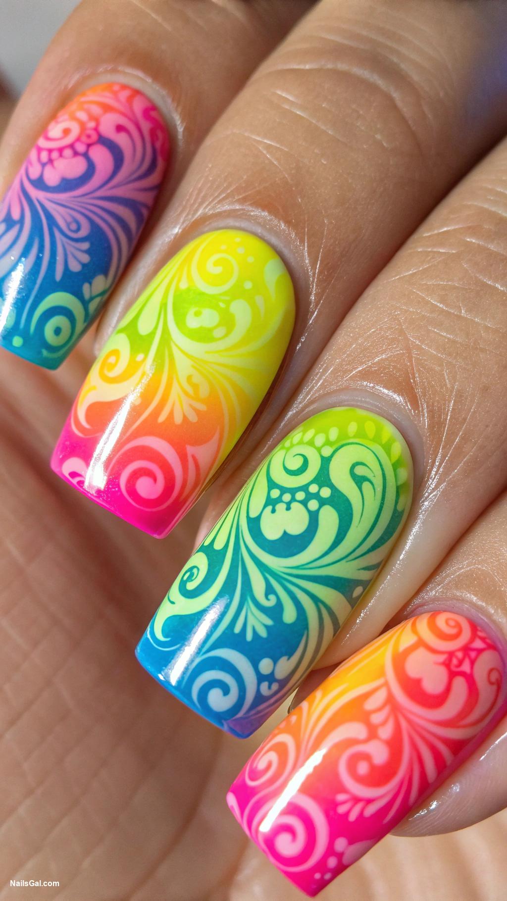 June nails Rainbow Swirls Incorporate a mix of colors in swirled patterns to bring a fun summery vibe