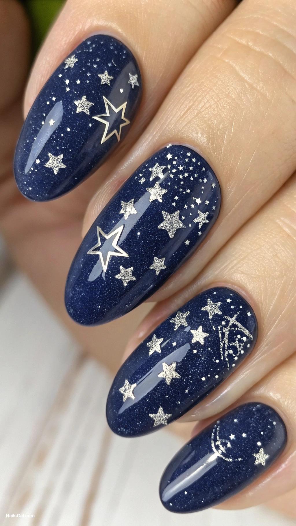 June nails Starry Nights Use navy blue with silver star accents for a mystical night sky effect