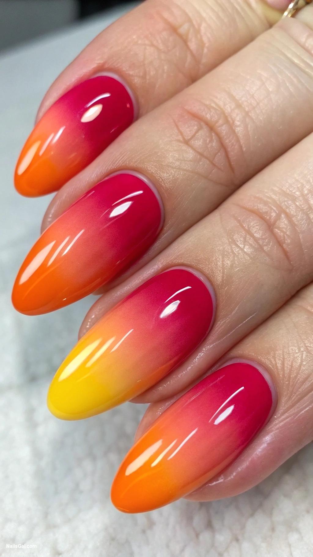 June nails Sunset Gradient Nails Blend warm hues of orange pink and yellow for a beautiful sunset effect