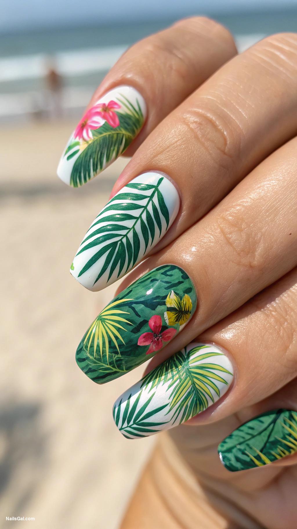 June nails Tropical Leaves Create nail art featuring palm leaves and other tropical plants in vibrant greens