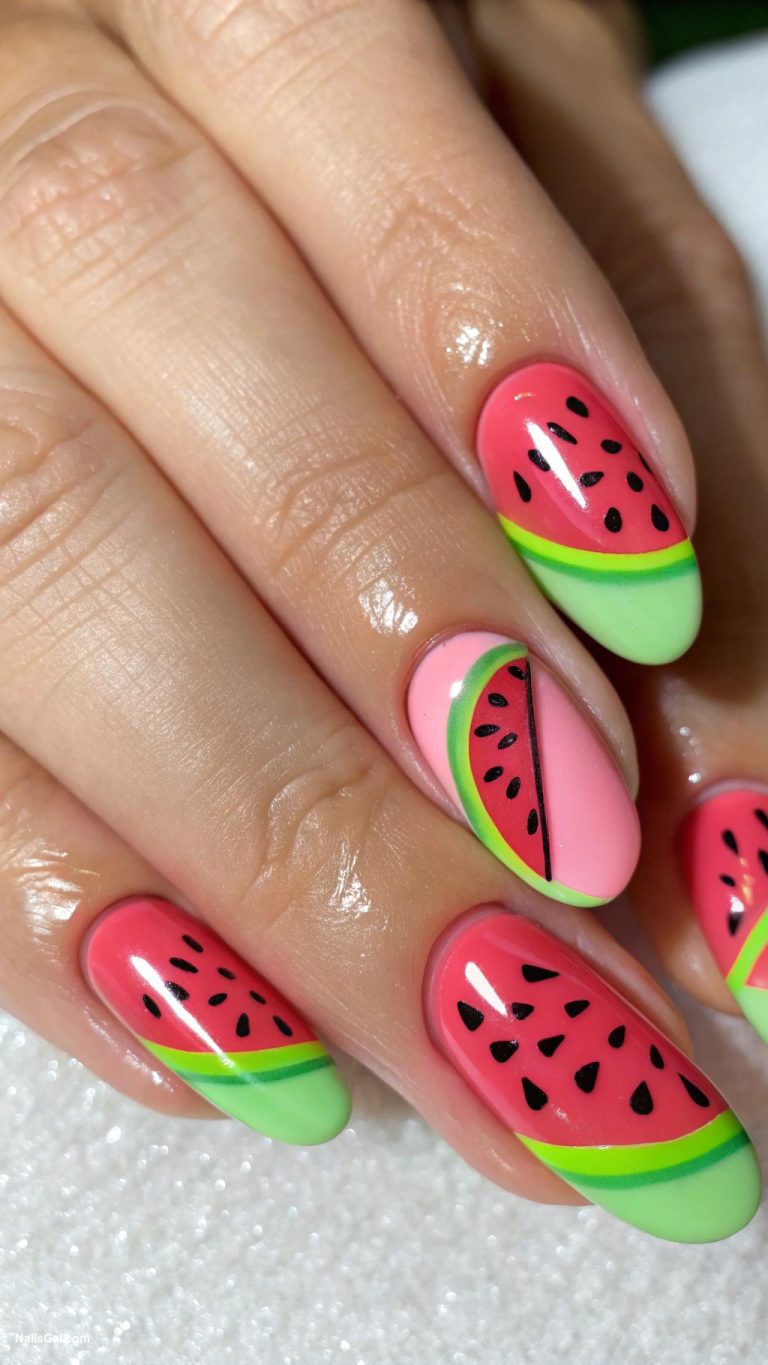 June nails Watermelon Nails Use pink green and black to mimic watermelon slices on a few accent nails