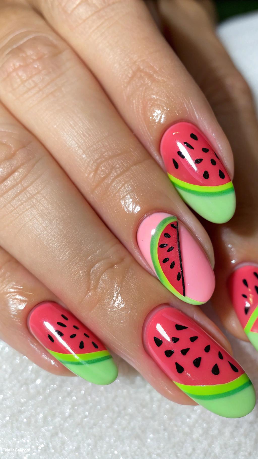 June nails Watermelon Nails Use pink green and black to mimic watermelon slices on a few accent nails