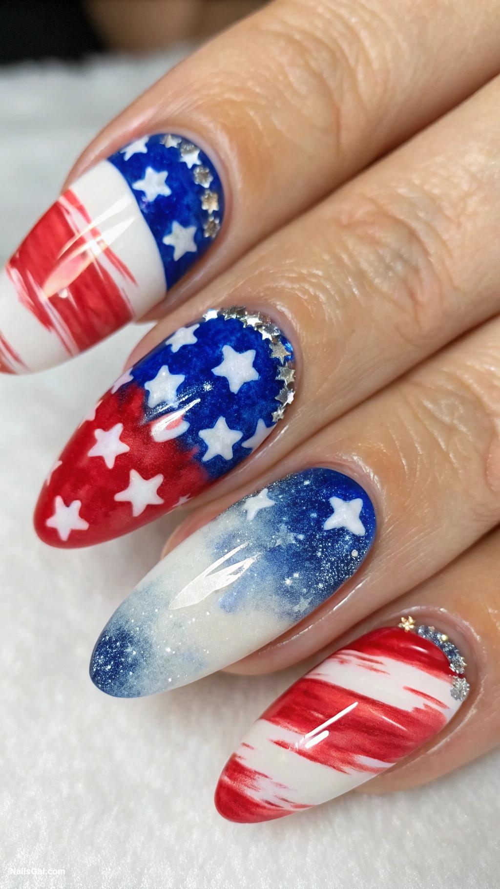 american flag nails Watercolor effect with flag shades