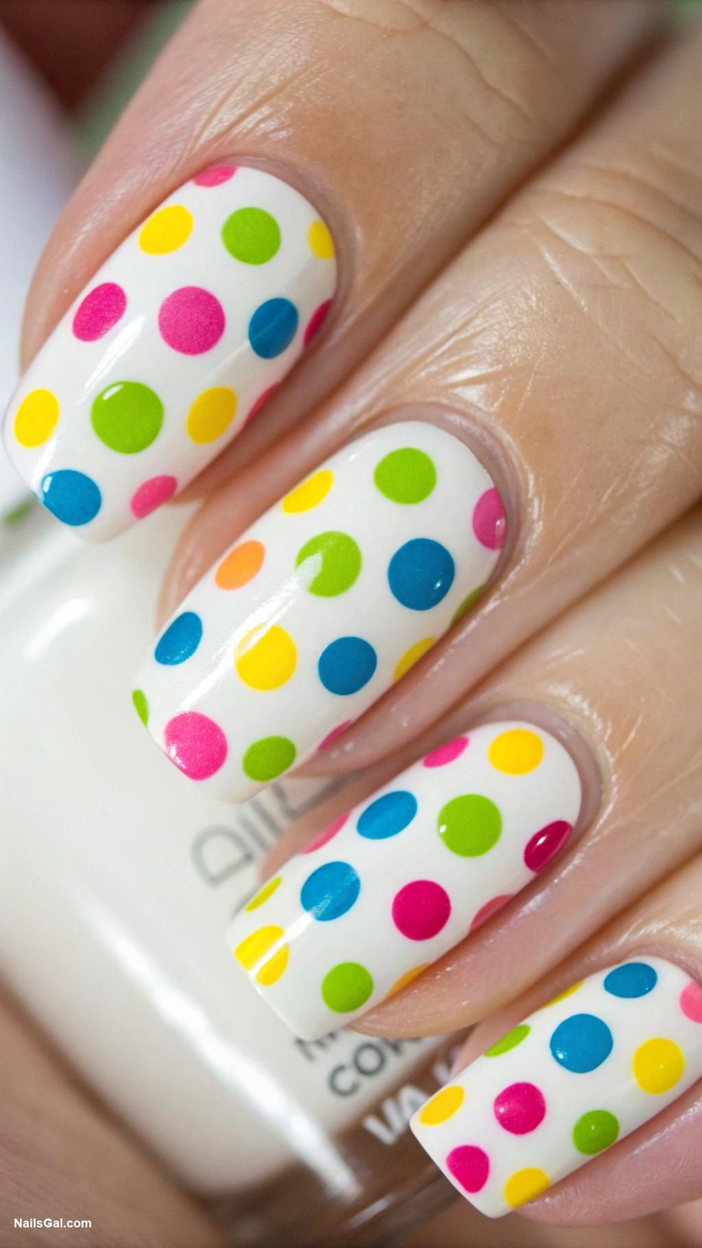 bright summer nails Colorful polka dots on white base