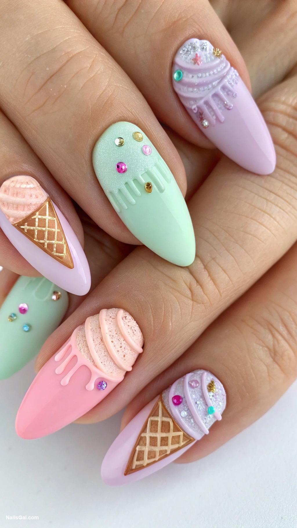 bright summer nails Ice cream cone nail design with pastel shades