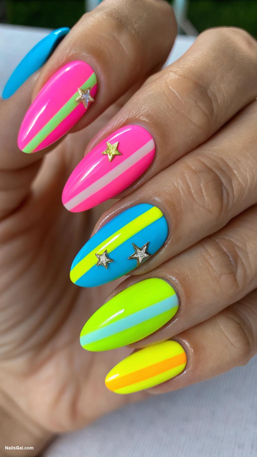 bright summer nails Neon stripes for a fun summer look