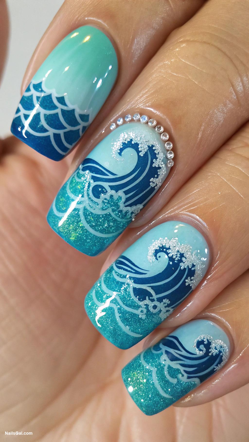 bright summer nails Ocean waves with blue and teal shades
