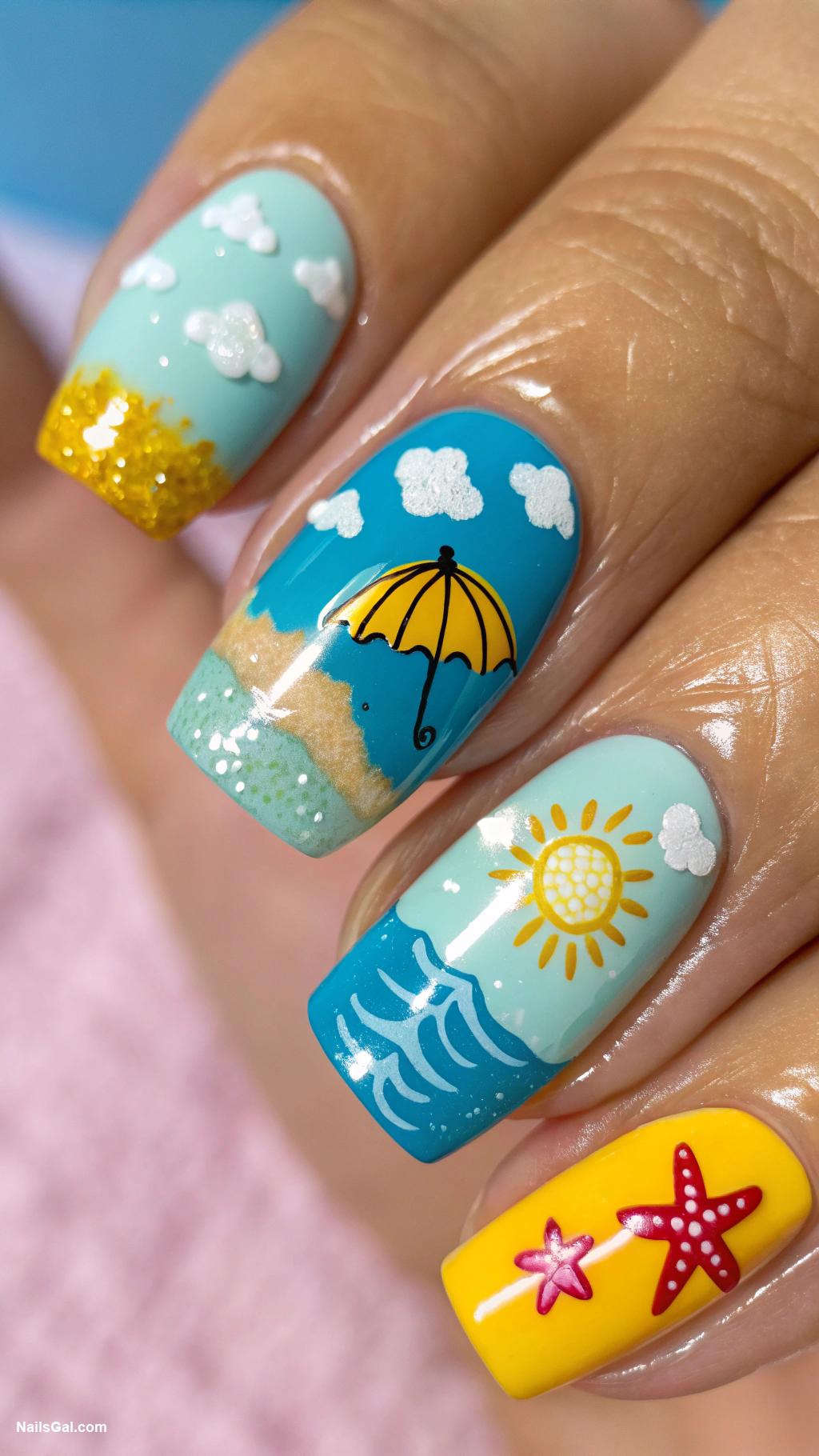bright summer nails Playful beach scene nail art