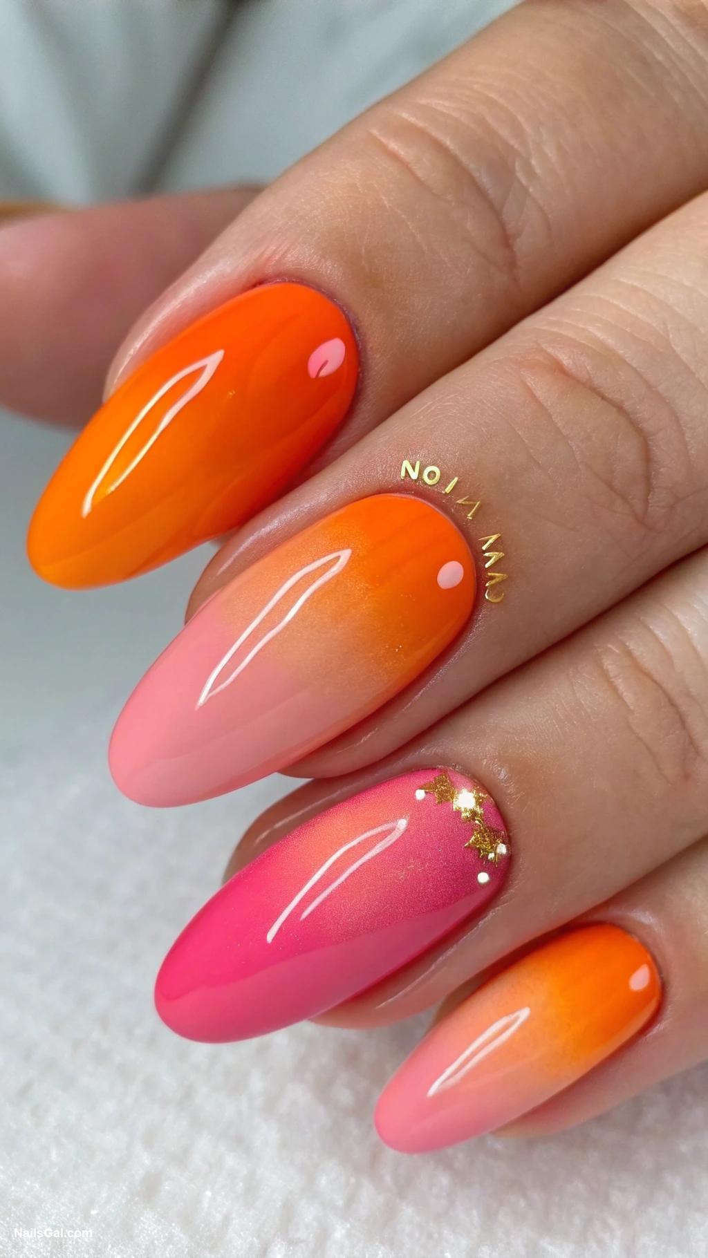 bright summer nails Sunset gradient with orange and pink hues