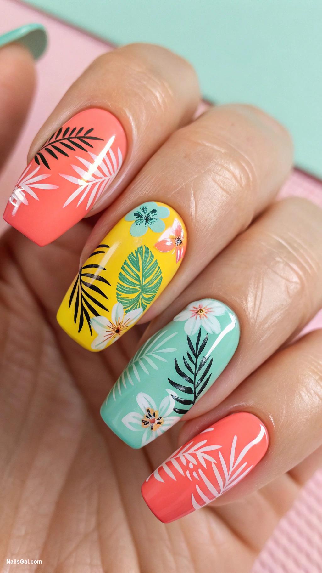 bright summer nails Tropical palm leaves on pastel background