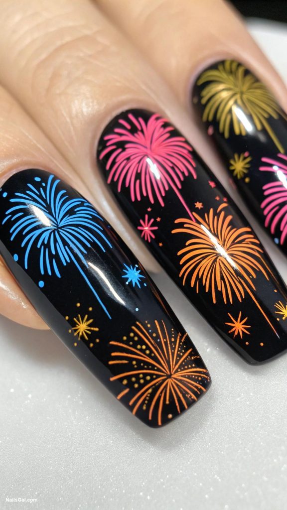 fireworks nails Colorful explosion patterns on a black base