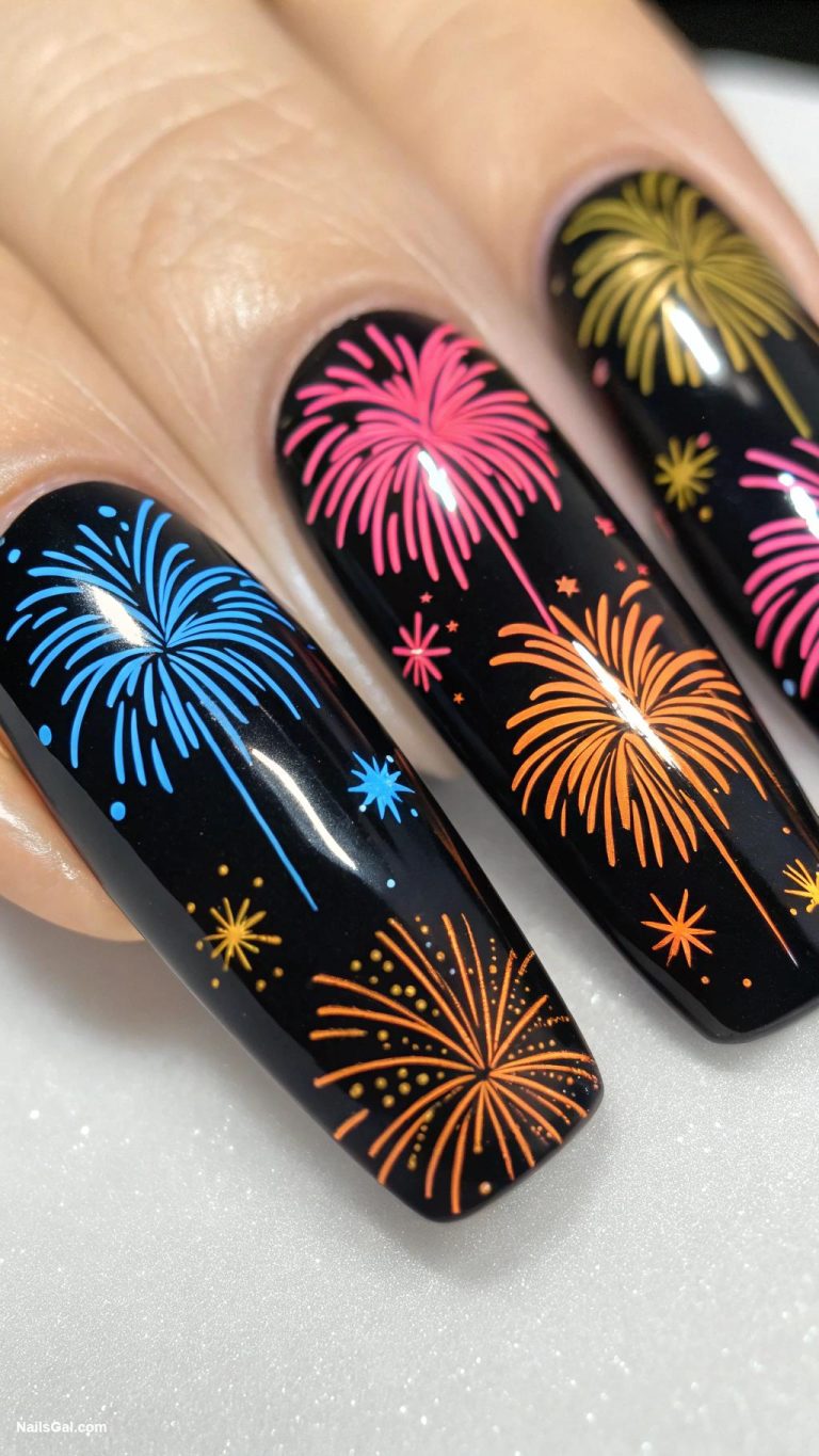 fireworks nails Colorful explosion patterns on a black base