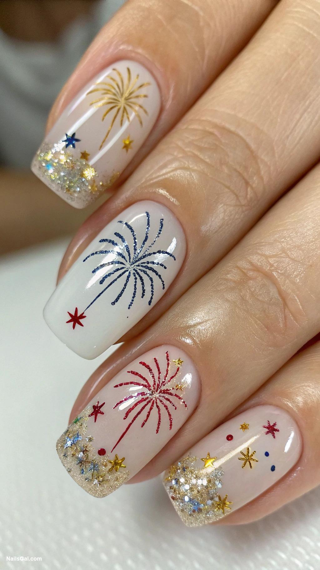 fireworks nails French tips with mini firework designs