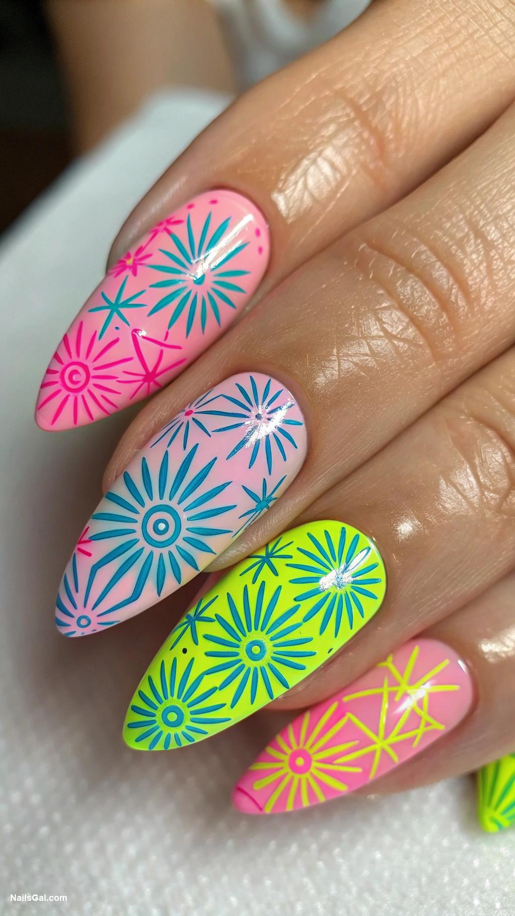 fireworks nails Geometric fireworks with neon colors
