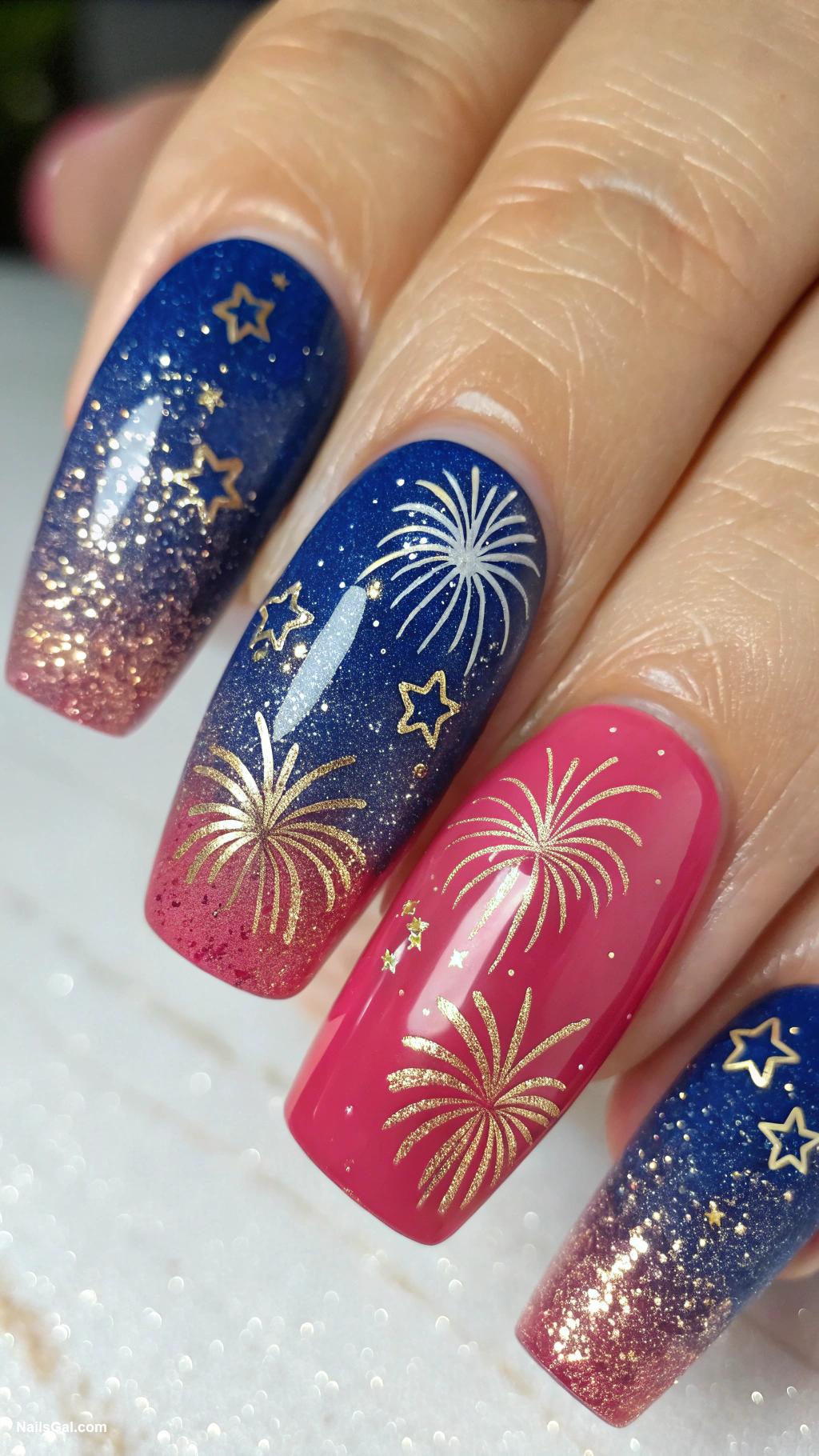 fireworks nails Gradient glitter with firework nail art