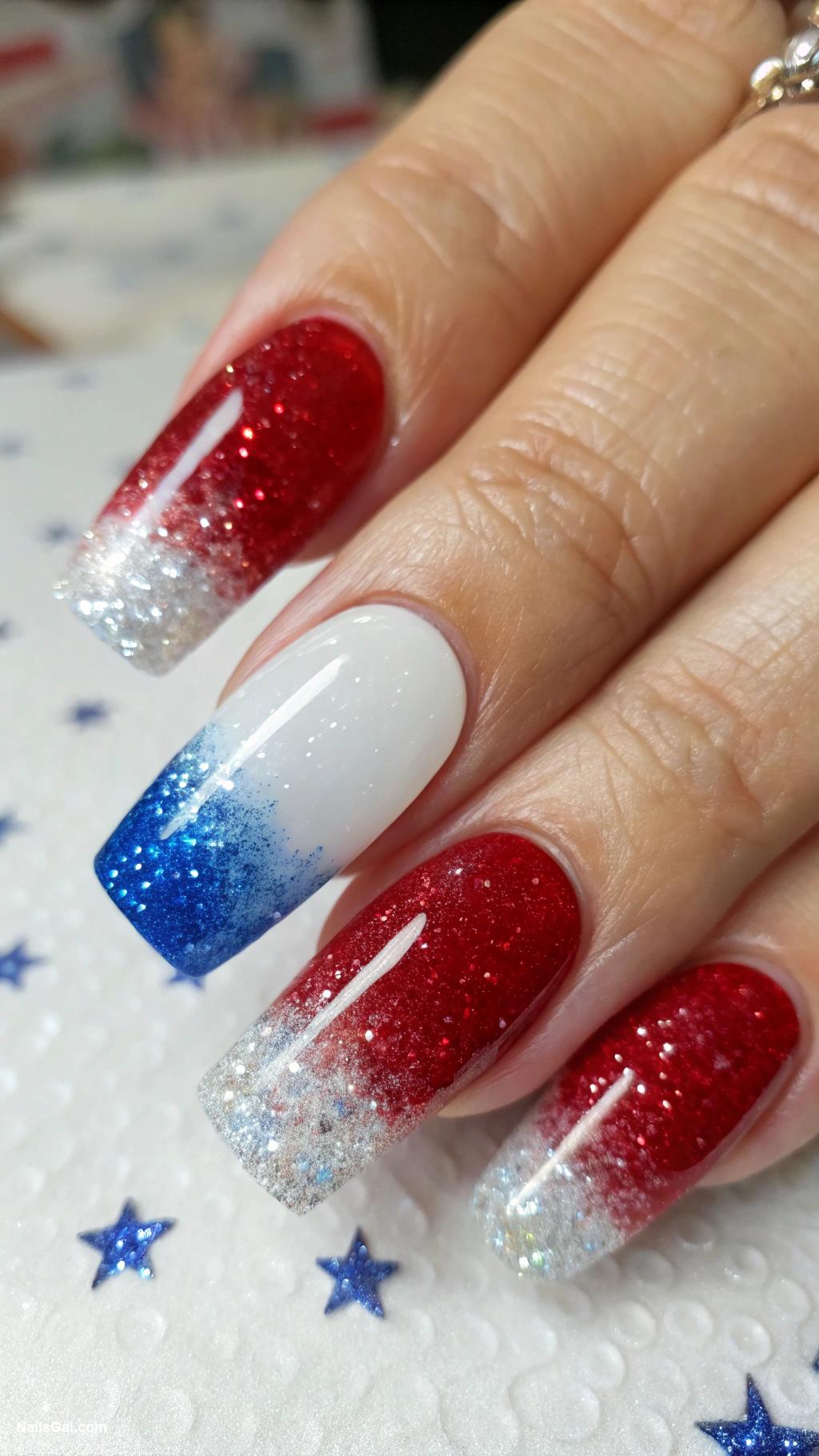 fireworks nails Red white and blue glitter ombre effect
