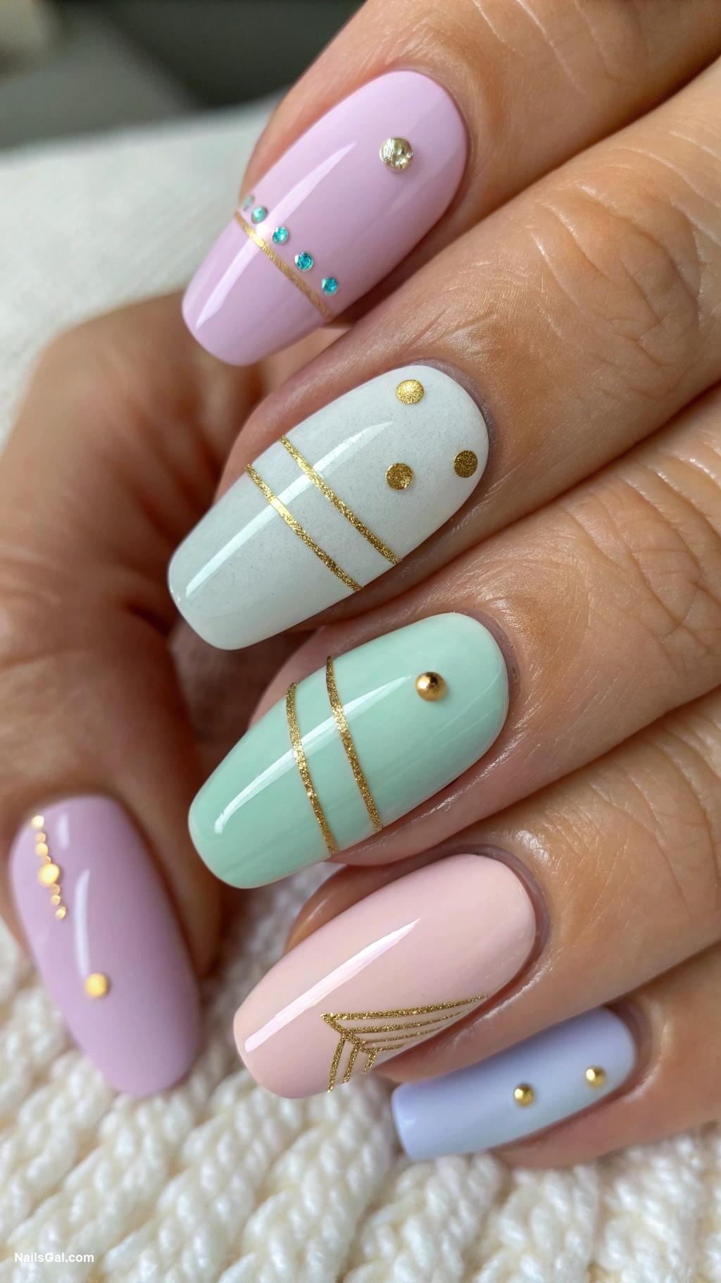 graduation nails Pastel colors with gold accents