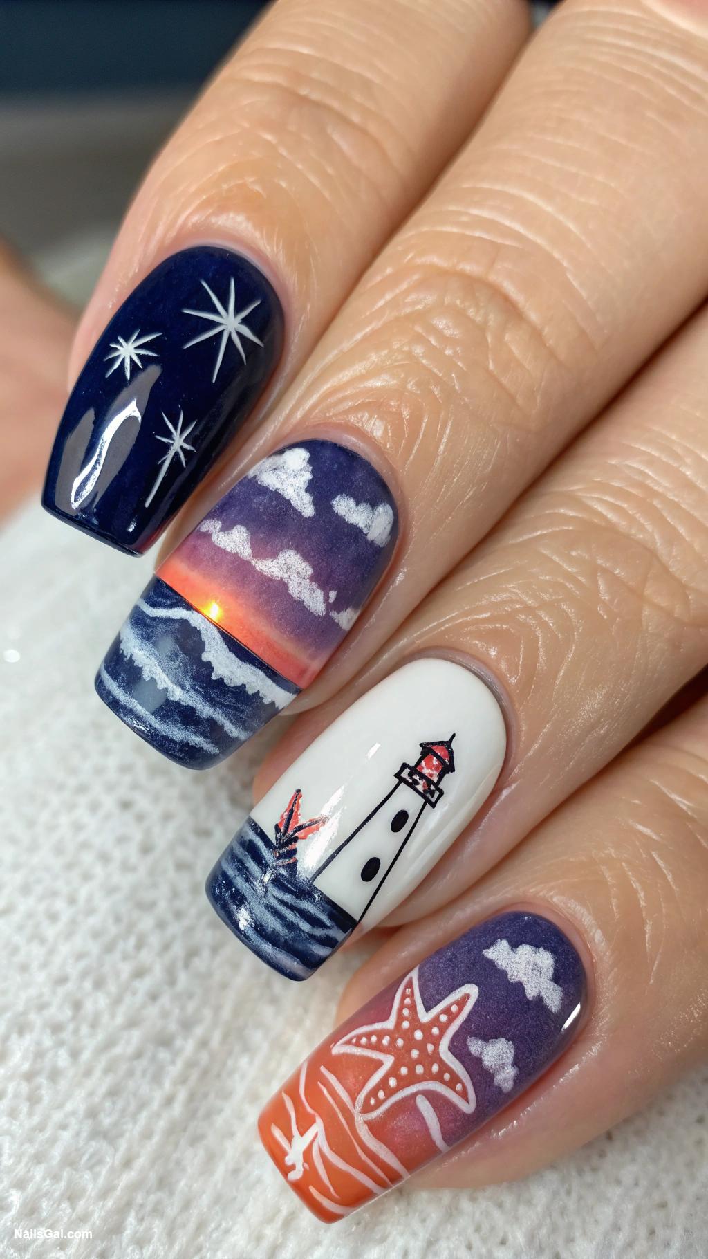 nautical nails Lighthouse scene with dramatic skies