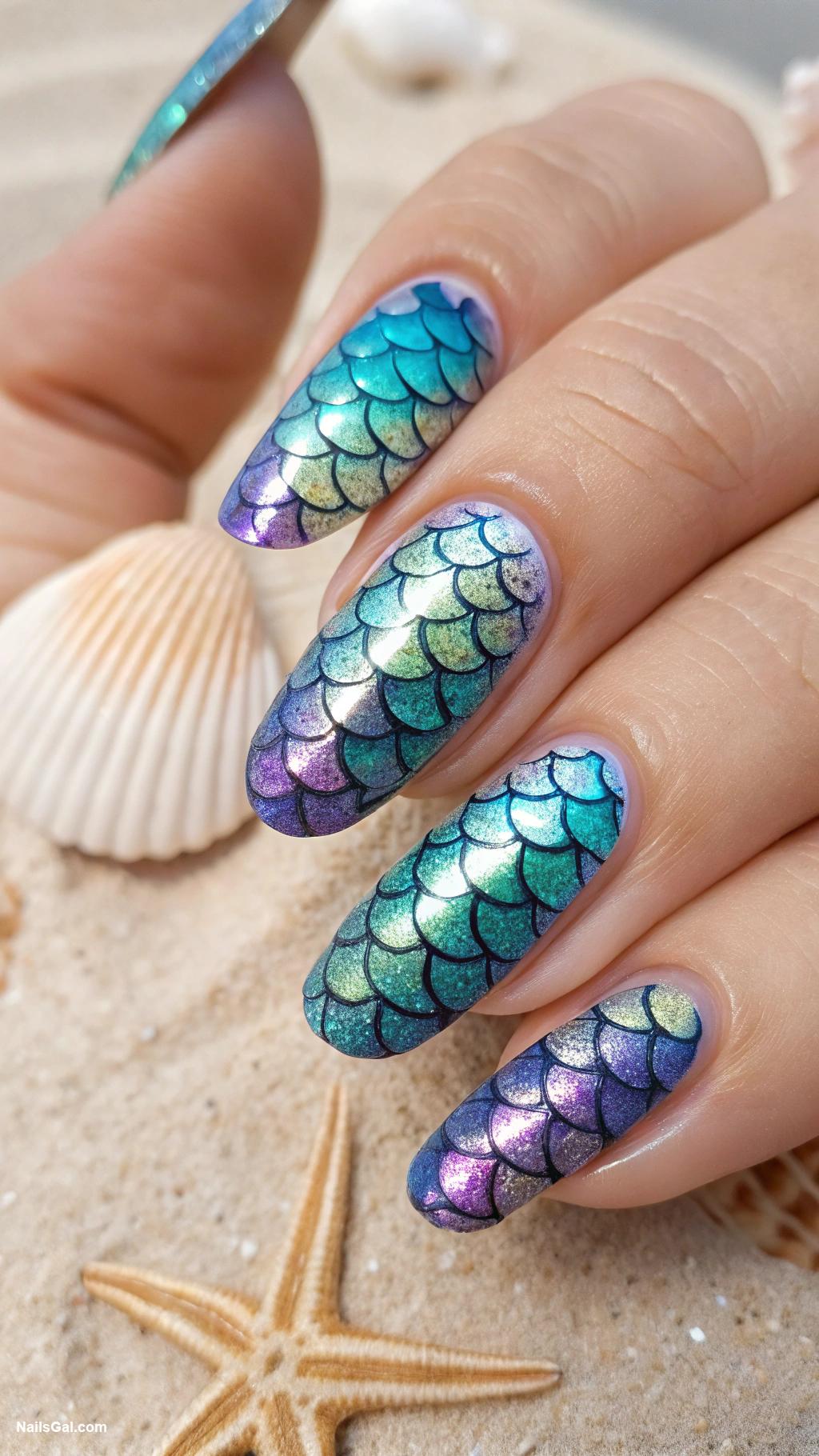 nautical nails Mermaid scales in iridescent colors