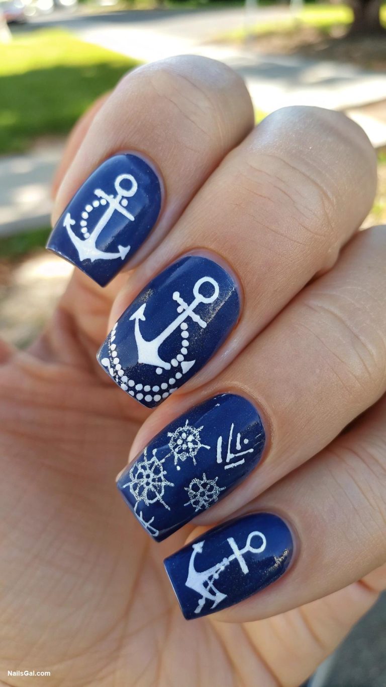 nautical nails Navy blue with white anchor art