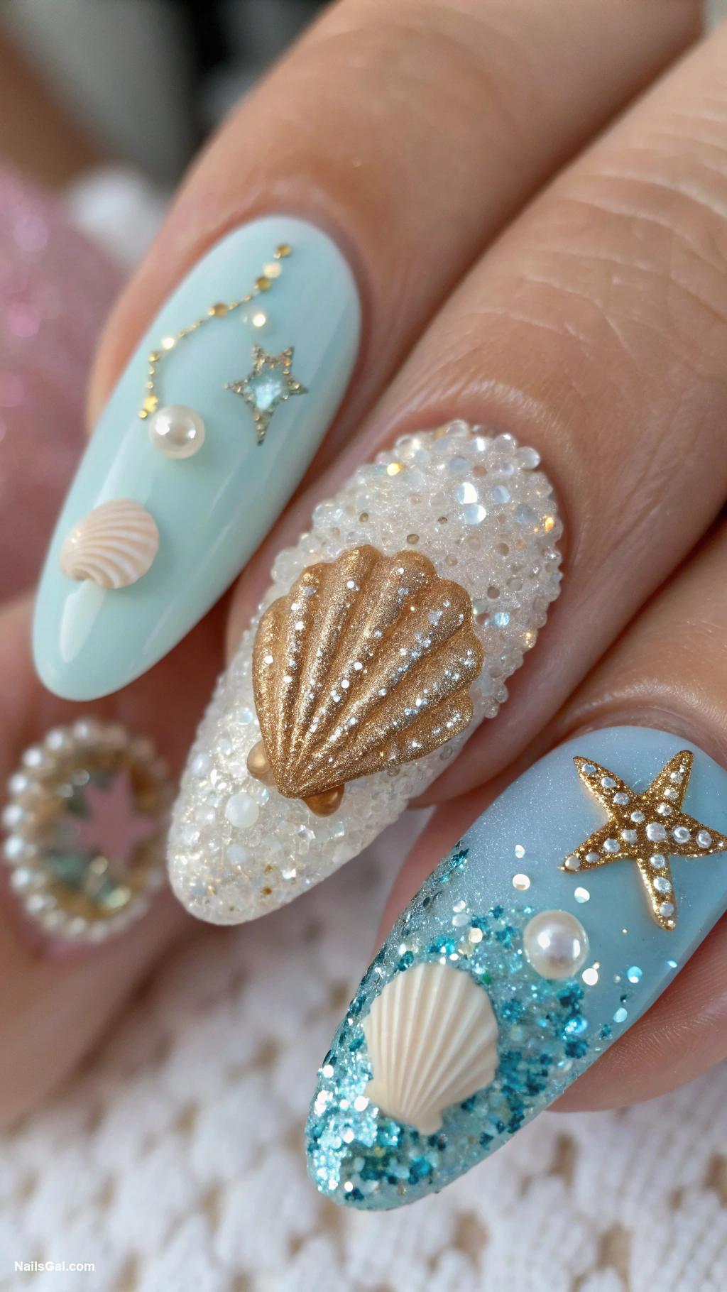 nautical nails Shell designs with glitter accents