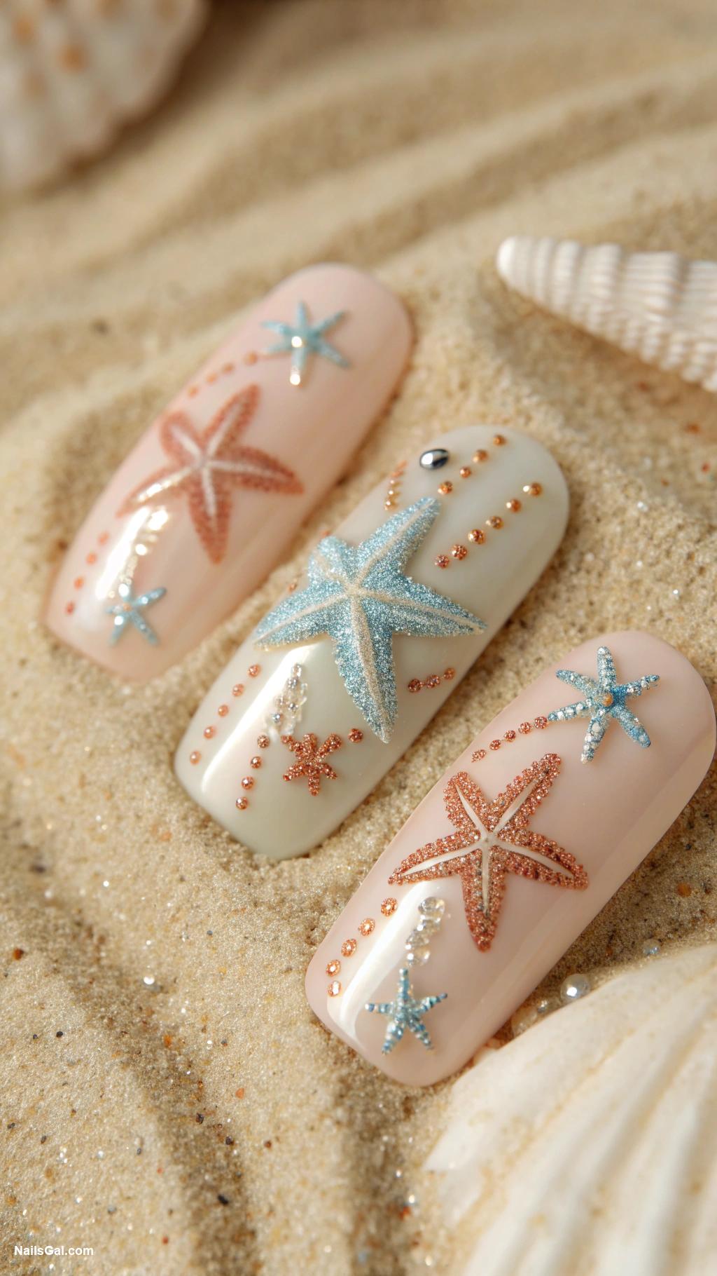 nautical nails Starfish patterns on sandy beige