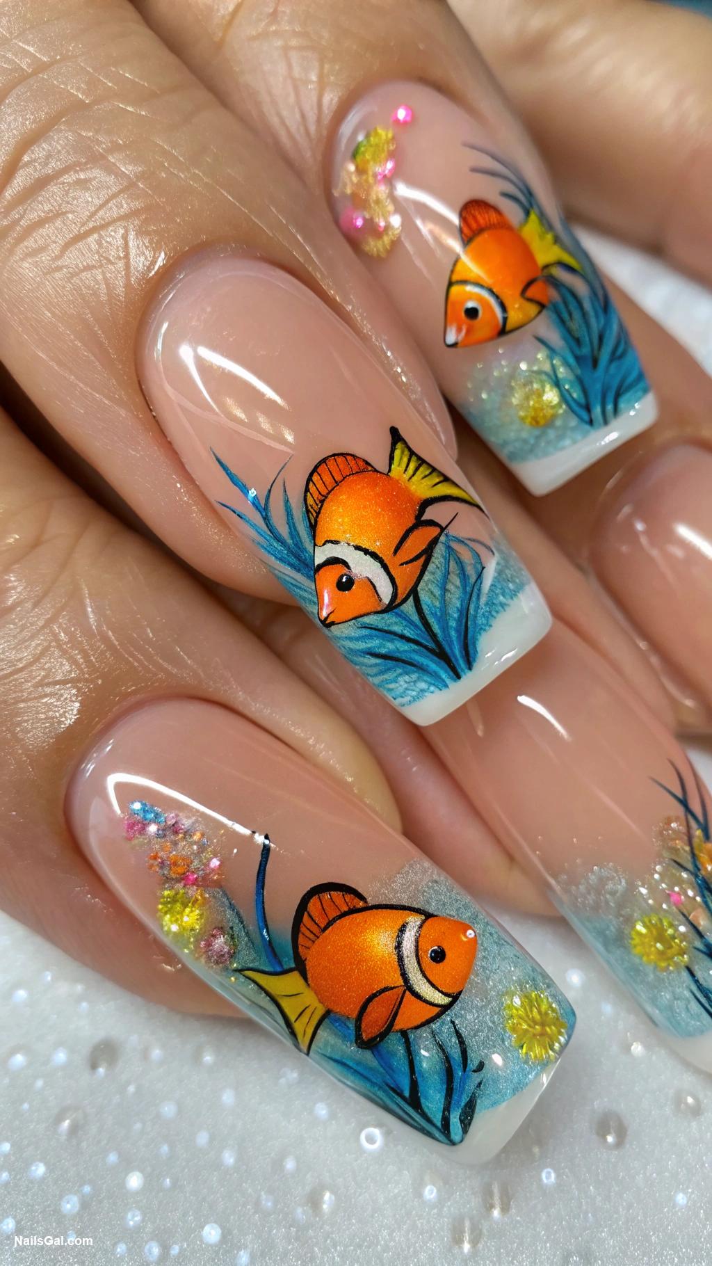 nautical nails Tropical fish swimming on clear nails