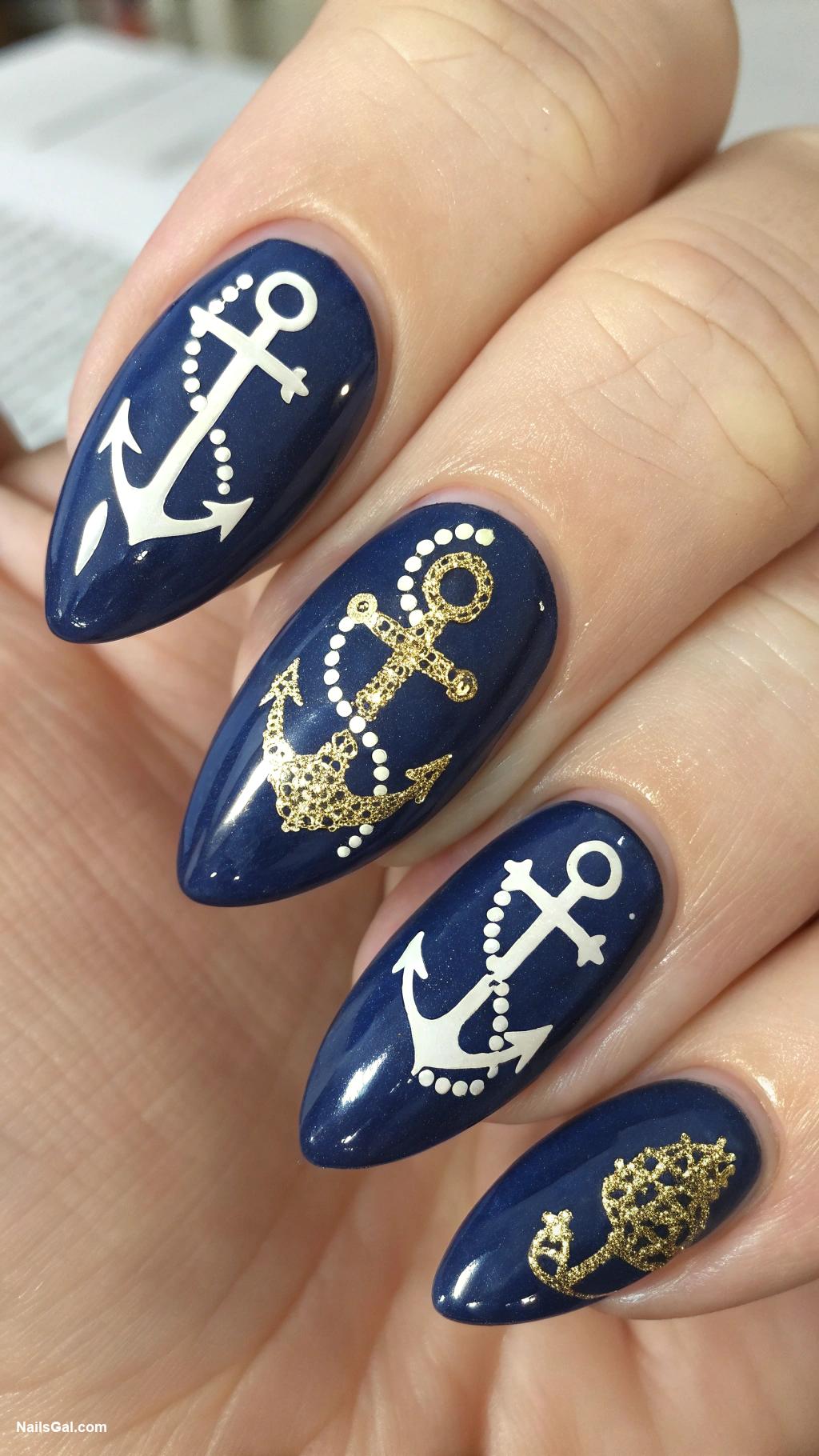 ocean vibe nails Anchor designs on solid navy base