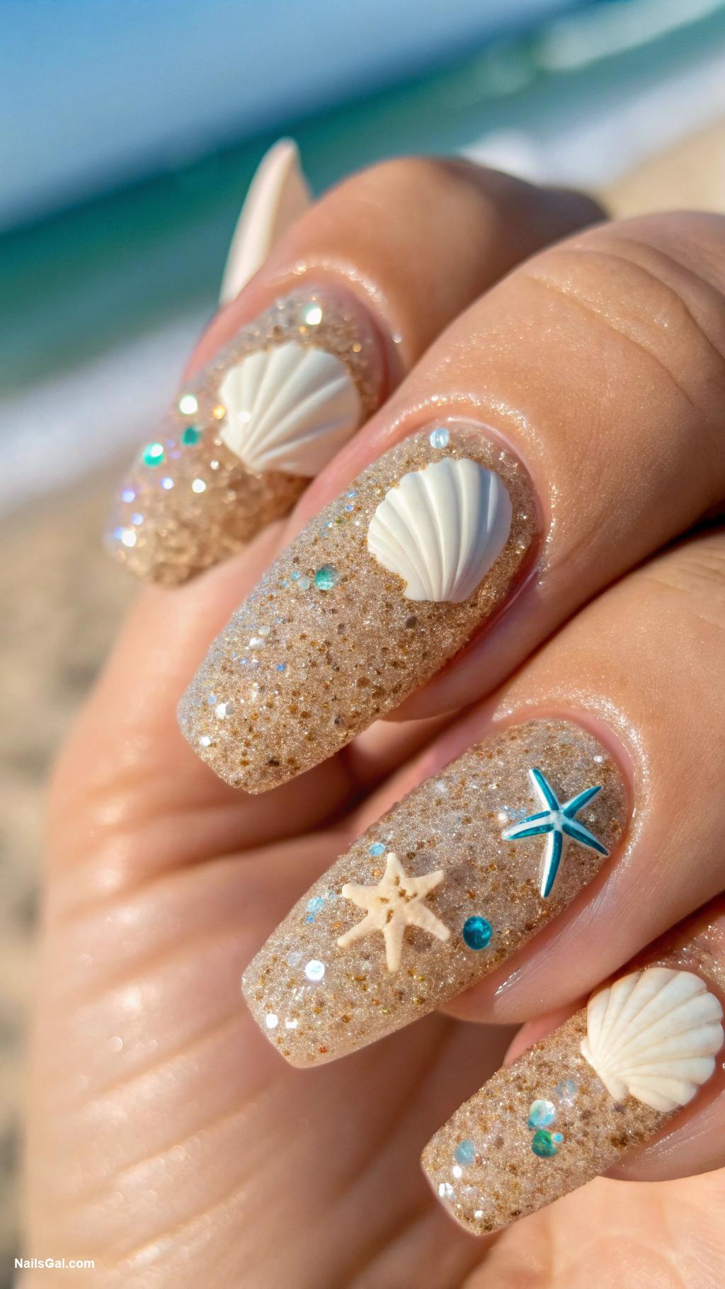ocean vibe nails Beach sand texture with glittery topcoat