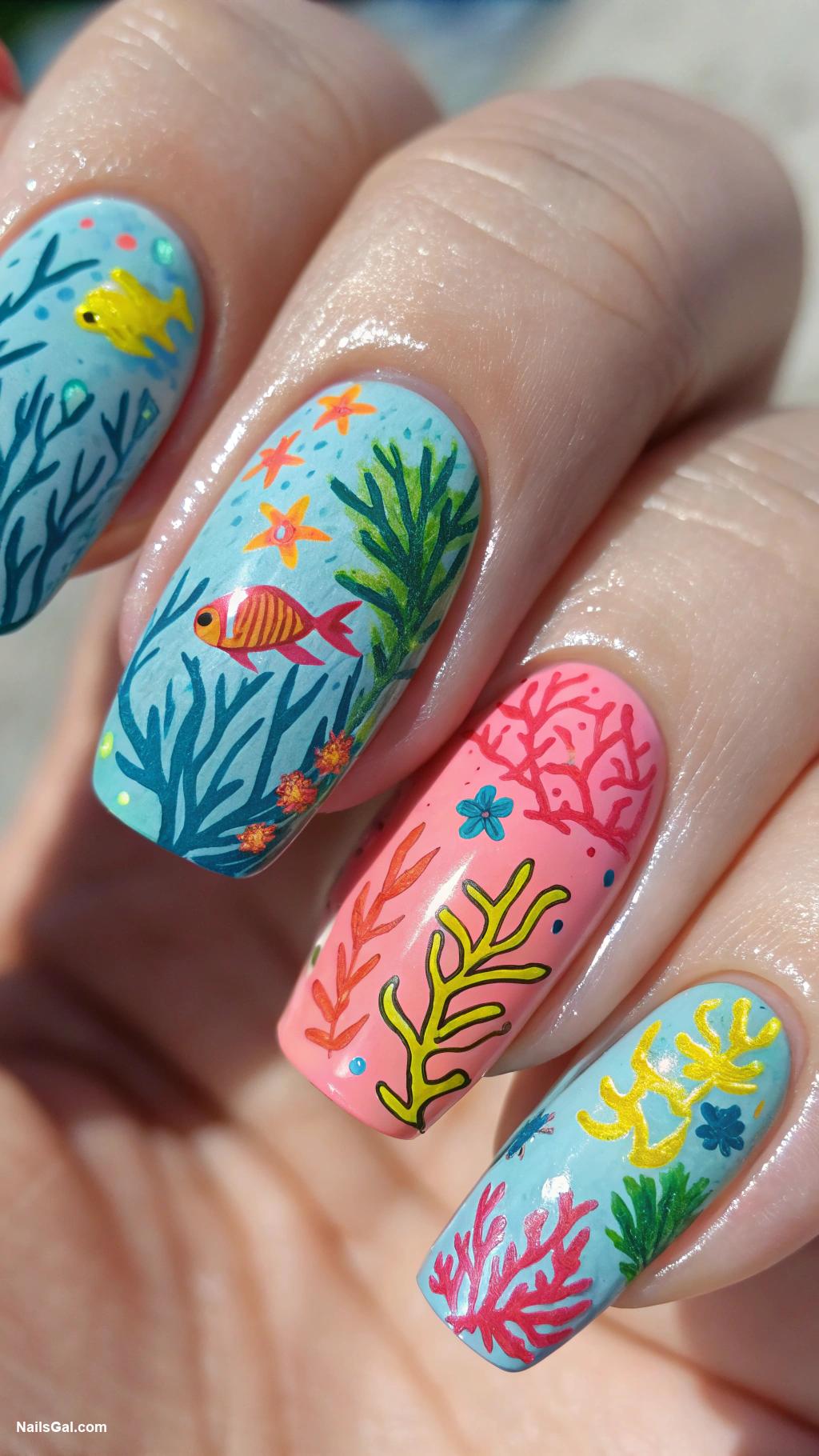 ocean vibe nails Coral reef patterns with bright colors