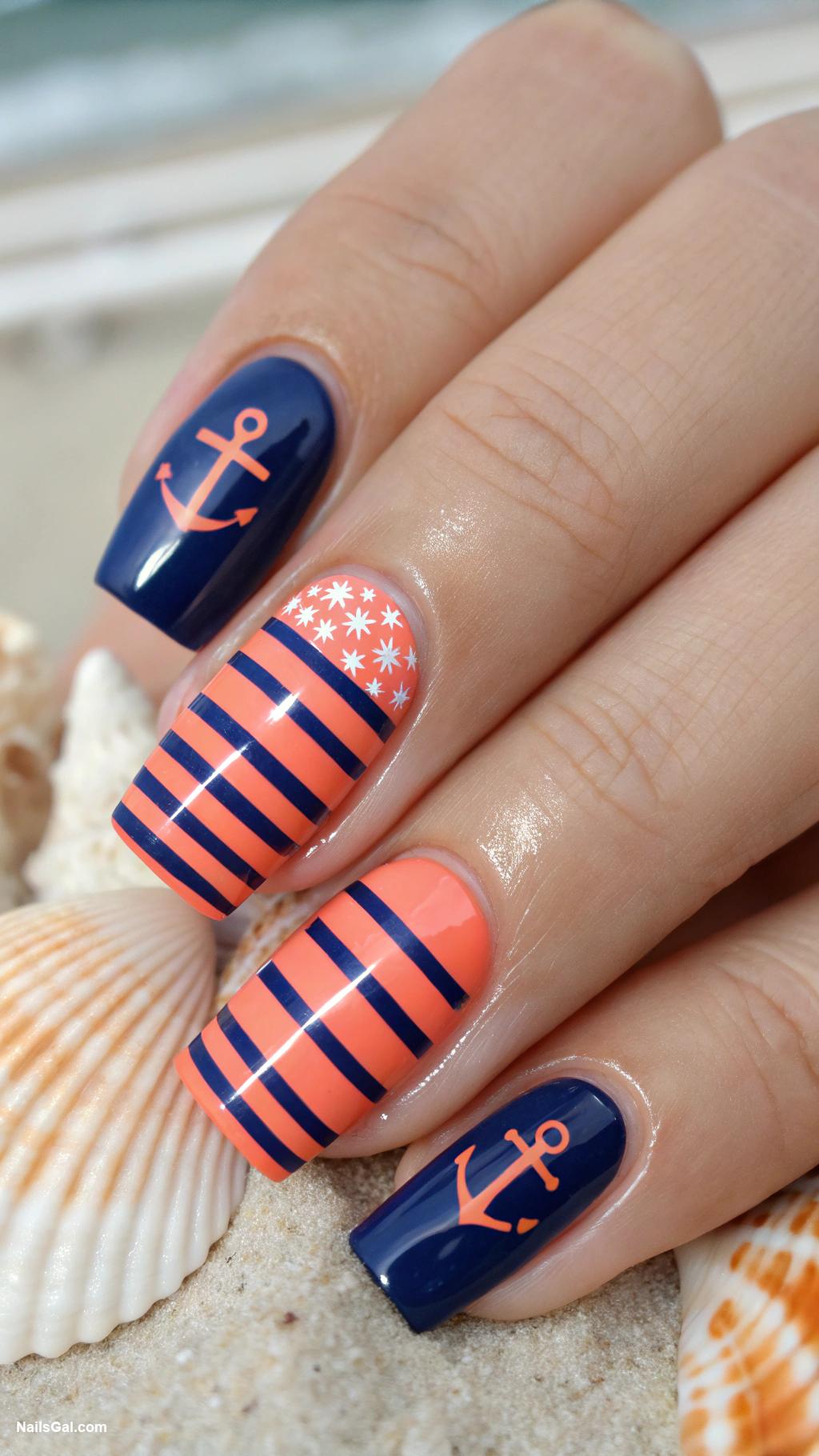 ocean vibe nails Nautical stripes in navy and coral