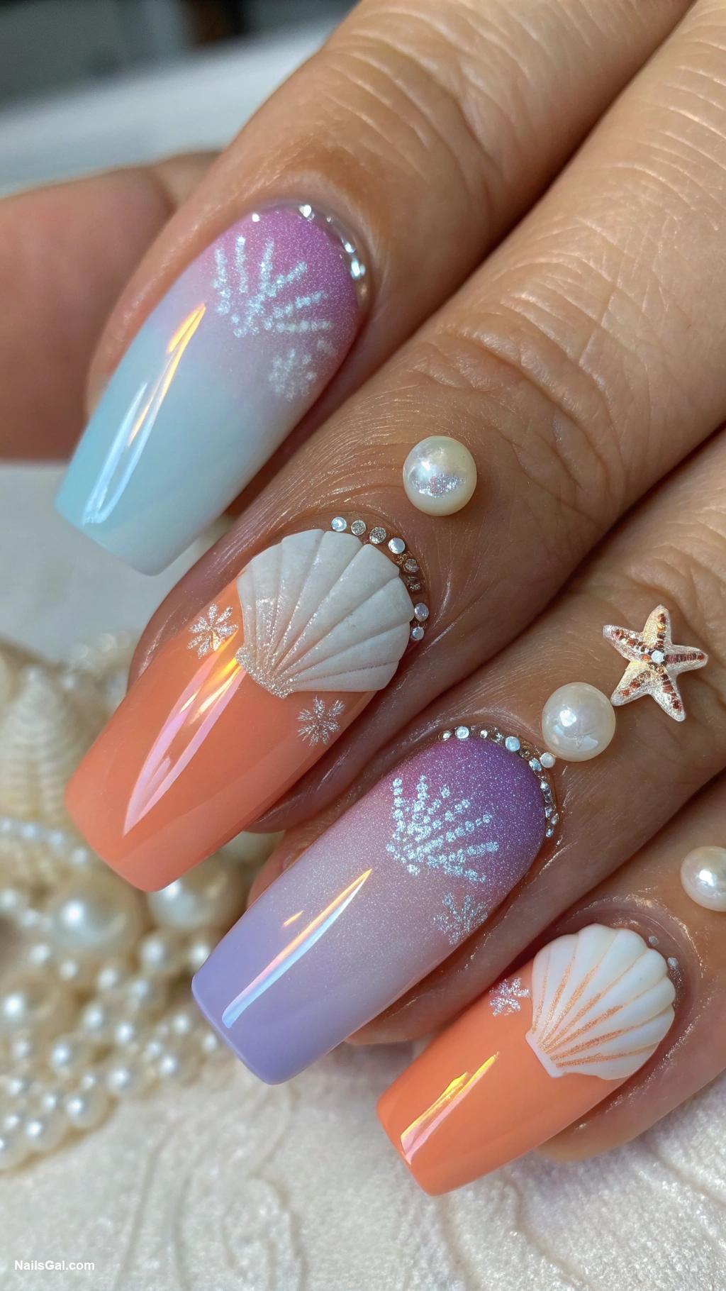 ocean vibe nails Sunset gradient with sea shell embellishments
