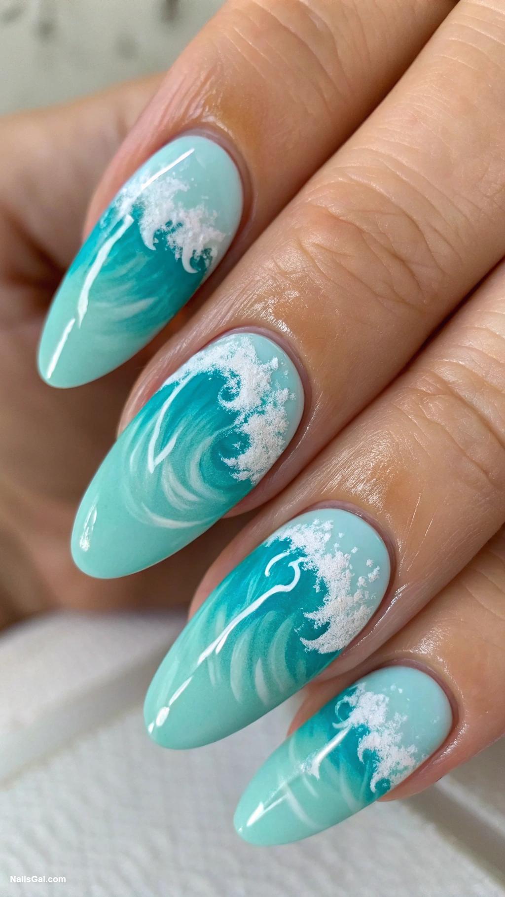 ocean vibe nails Turquoise waves with white foam accents