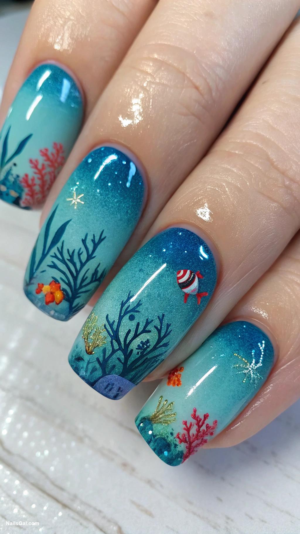 ocean vibe nails Underwater scene with tiny fish illustrations