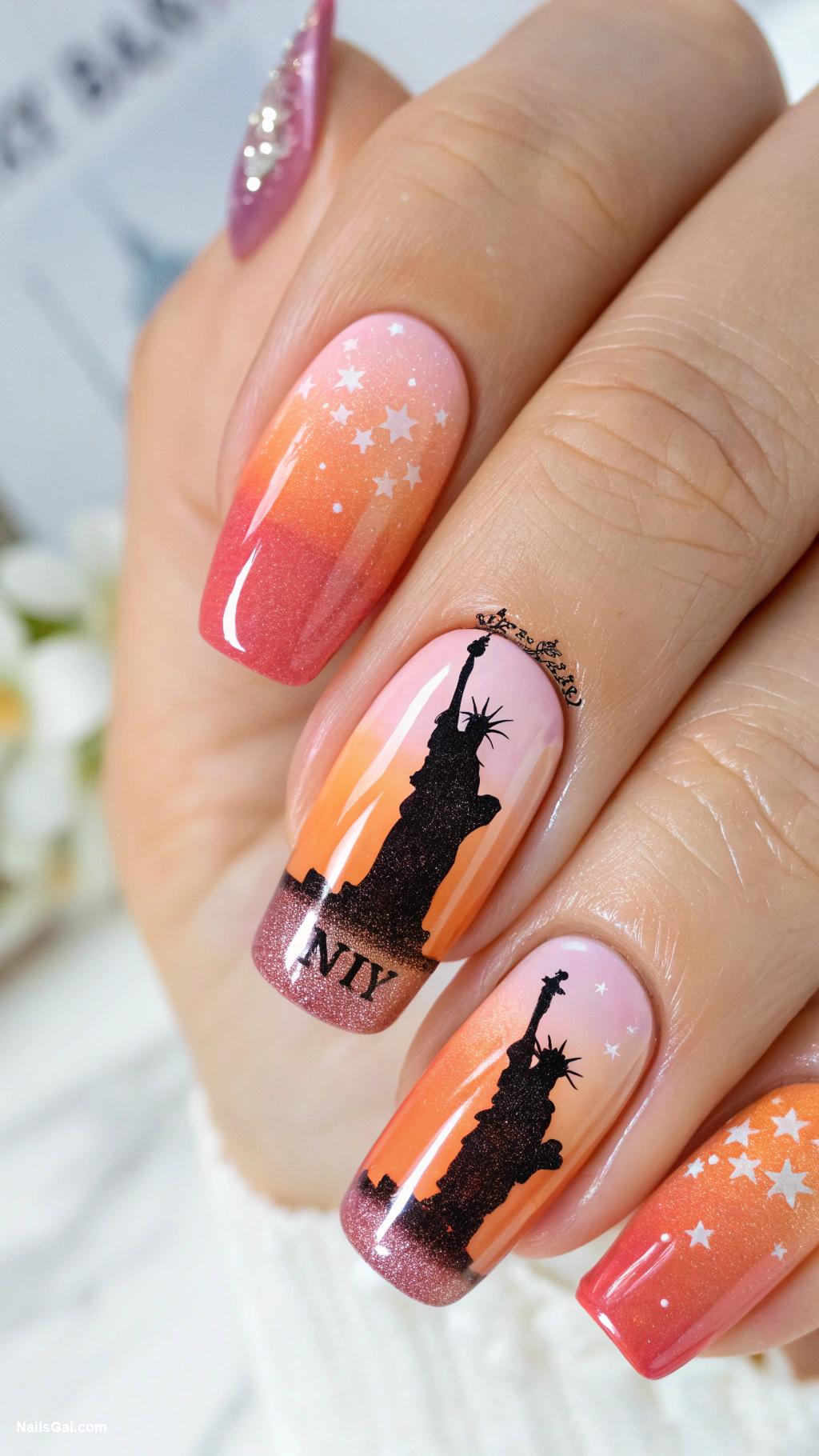 patriotic nails A gradient sunset design with a silhouette of the national monument