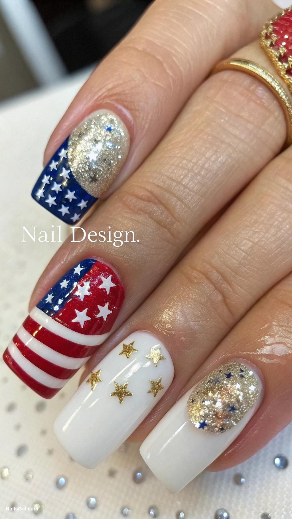 patriotic nails Accent nails featuring a detailed American flag design with gold foil