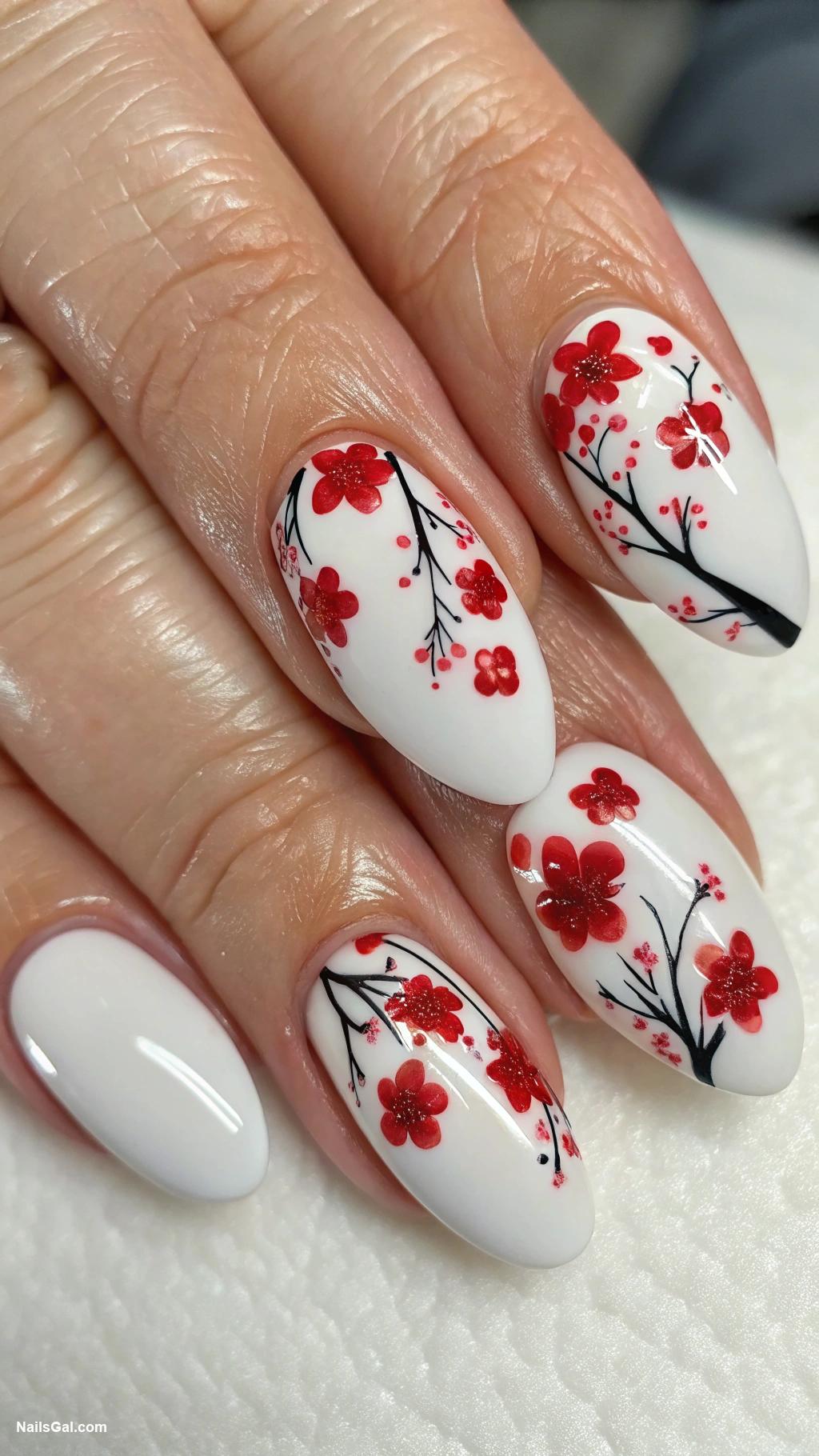 patriotic nails Cherry blossom design in red on a white base for a delicate touch