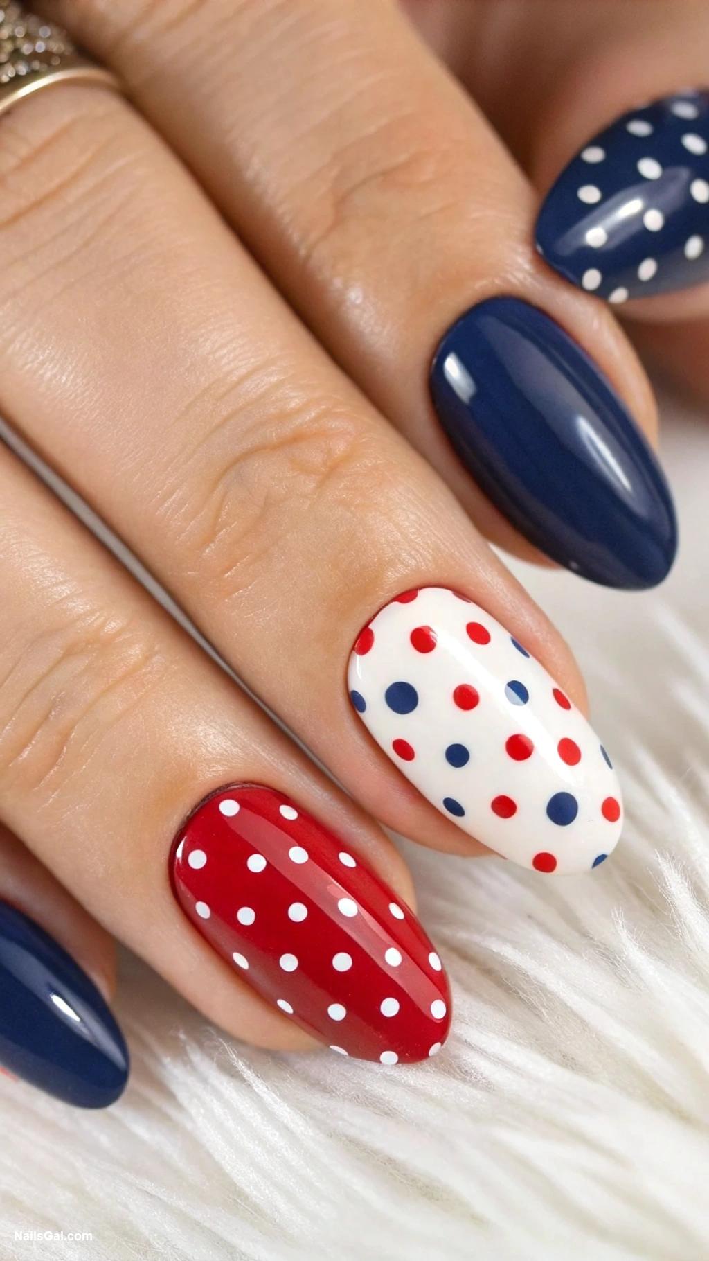 patriotic nails Matte navy nails with glossy red and white polka dots