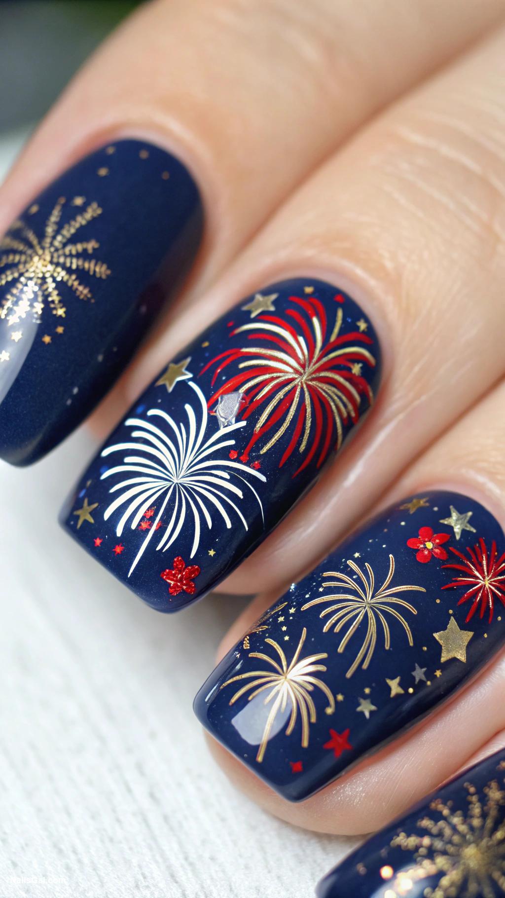 patriotic nails Nail decals of fireworks with a midnight blue base